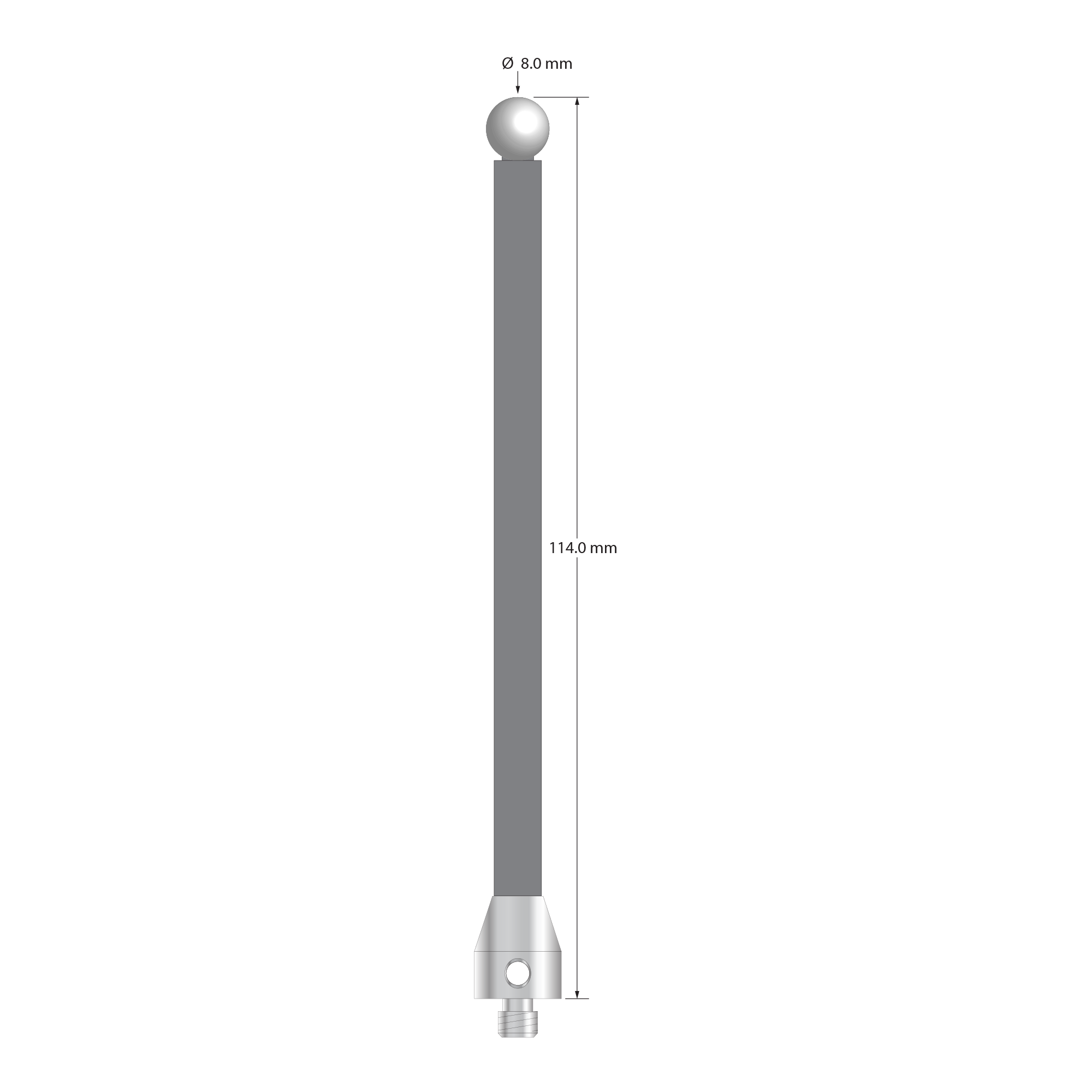 Low weight M5 stylus with 8.0 mm diameter zirconia ball, 6.0 mm diameter Therm-X carbon fiber stem, and 11.0 mm diameter x 13.0 mm long titanium base. Overall stylus length is 114.0 mm. Stylus weight is 8.51 grams.