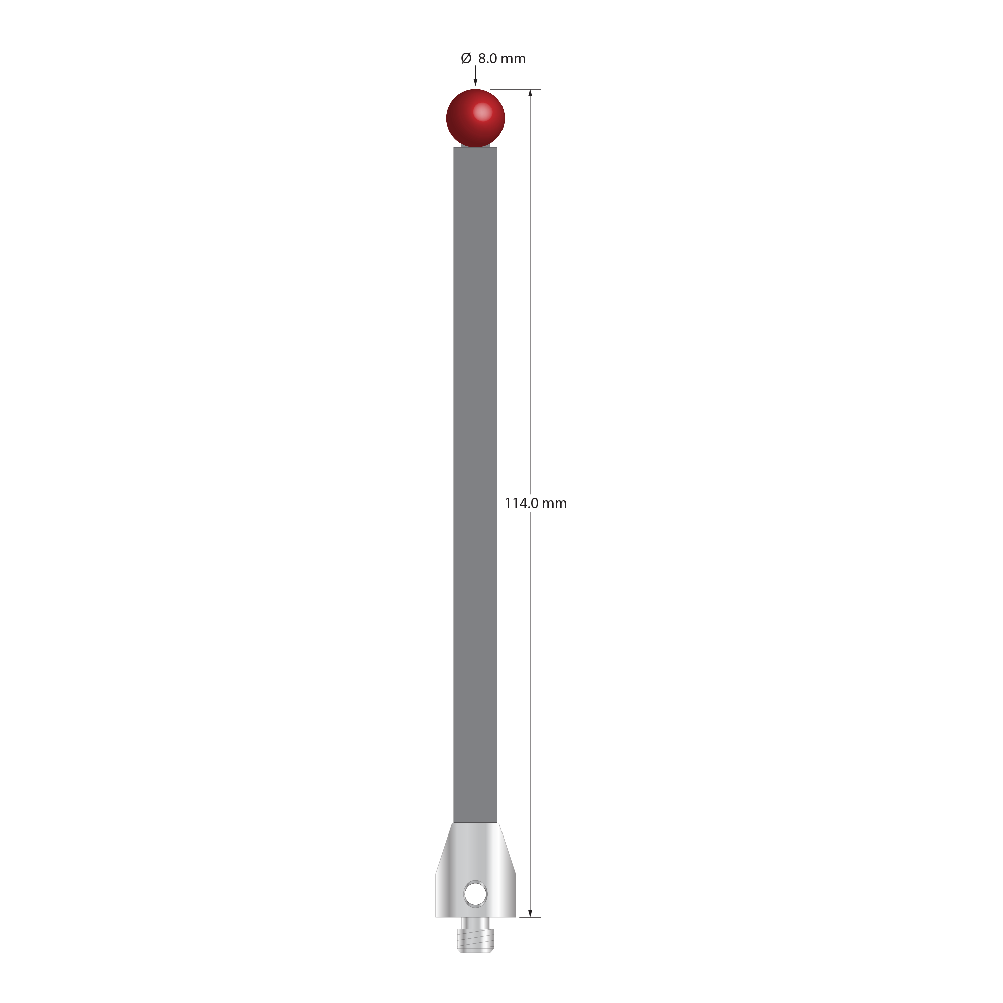 Low weight M5 stylus with 8.0 mm diameter ruby ball, 6.0 mm diameter Therm-X carbon fiber stem, and 11.0 mm diameter x 13.0 mm long titanium base. Overall stylus length is 114.0 mm. Stylus weight is 8.51 grams. Compare to Zeiss 626105-0820-114.