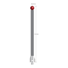 Low weight M5 stylus with 8.0 mm diameter ruby ball, 6.0 mm diameter Therm-X carbon fiber stem, and 11.0 mm diameter x 13.0 mm long titanium base. Overall stylus length is 114.0 mm. Stylus weight is 8.51 grams. Compare to Zeiss 626105-0820-114.