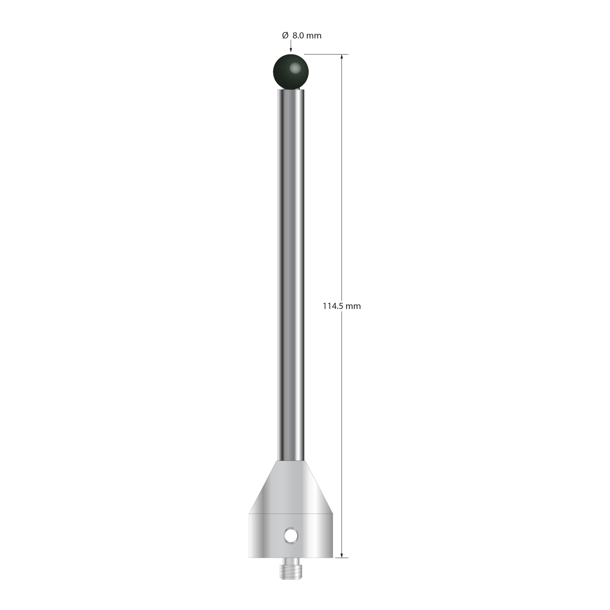 M5 stylus with 8.0 mm diameter silicon nitride ball, 6.0 mm diameter carbide stem, and 19.0 mm diameter x 22.0 mm long stainless steel base. Overall stylus length is 114.5 mm. Stylus weight is 57.07 grams.
