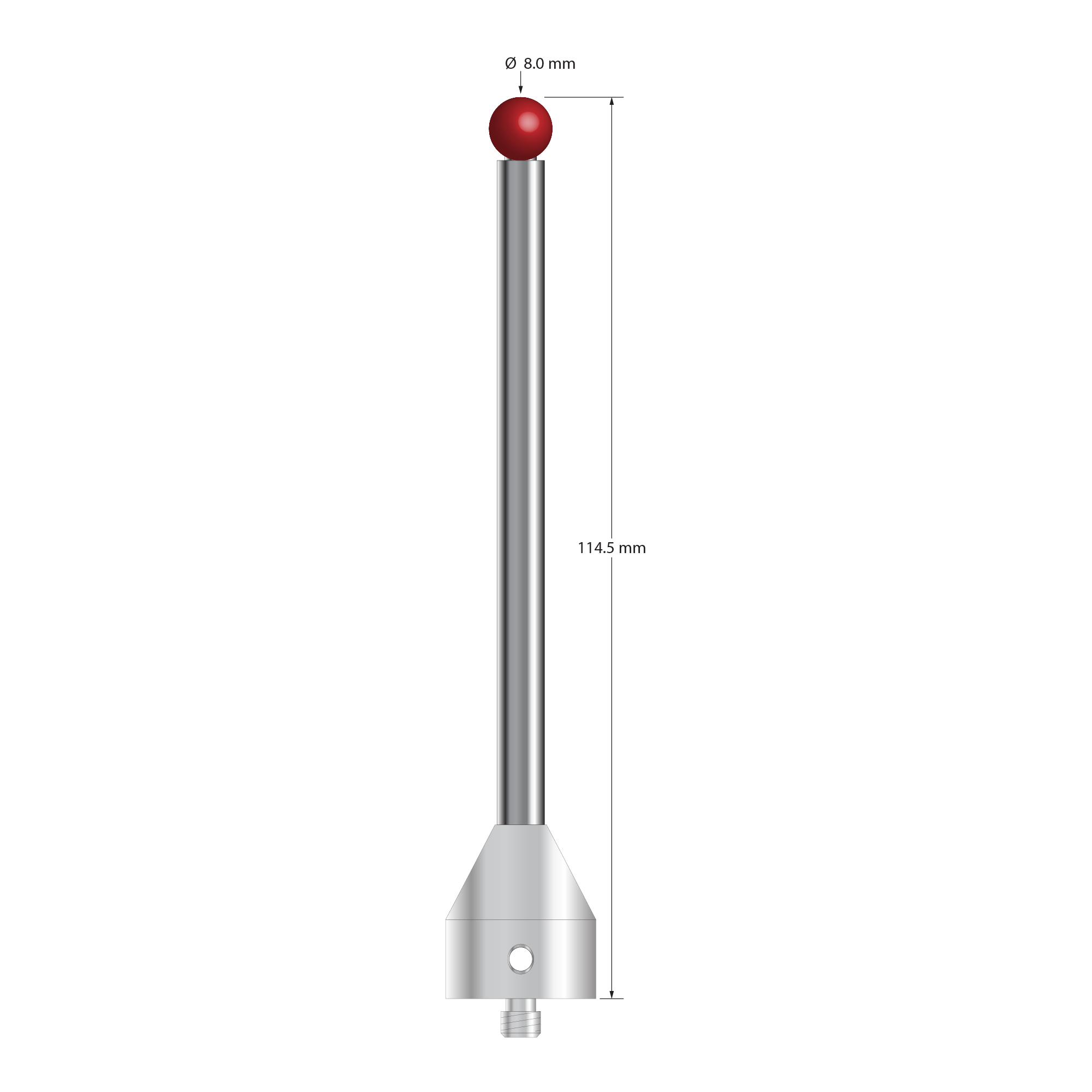 M5 stylus with 8.0 mm diameter ruby ball, 6.0 mm diameter carbide stem, and 19.0 mm diameter x 22.0 mm long stainless steel base. Overall stylus length is 114.5 mm. Stylus weight is 57.07 grams. Compare to Zeiss 600342-8124-000 and Renishaw A-5555-0035.