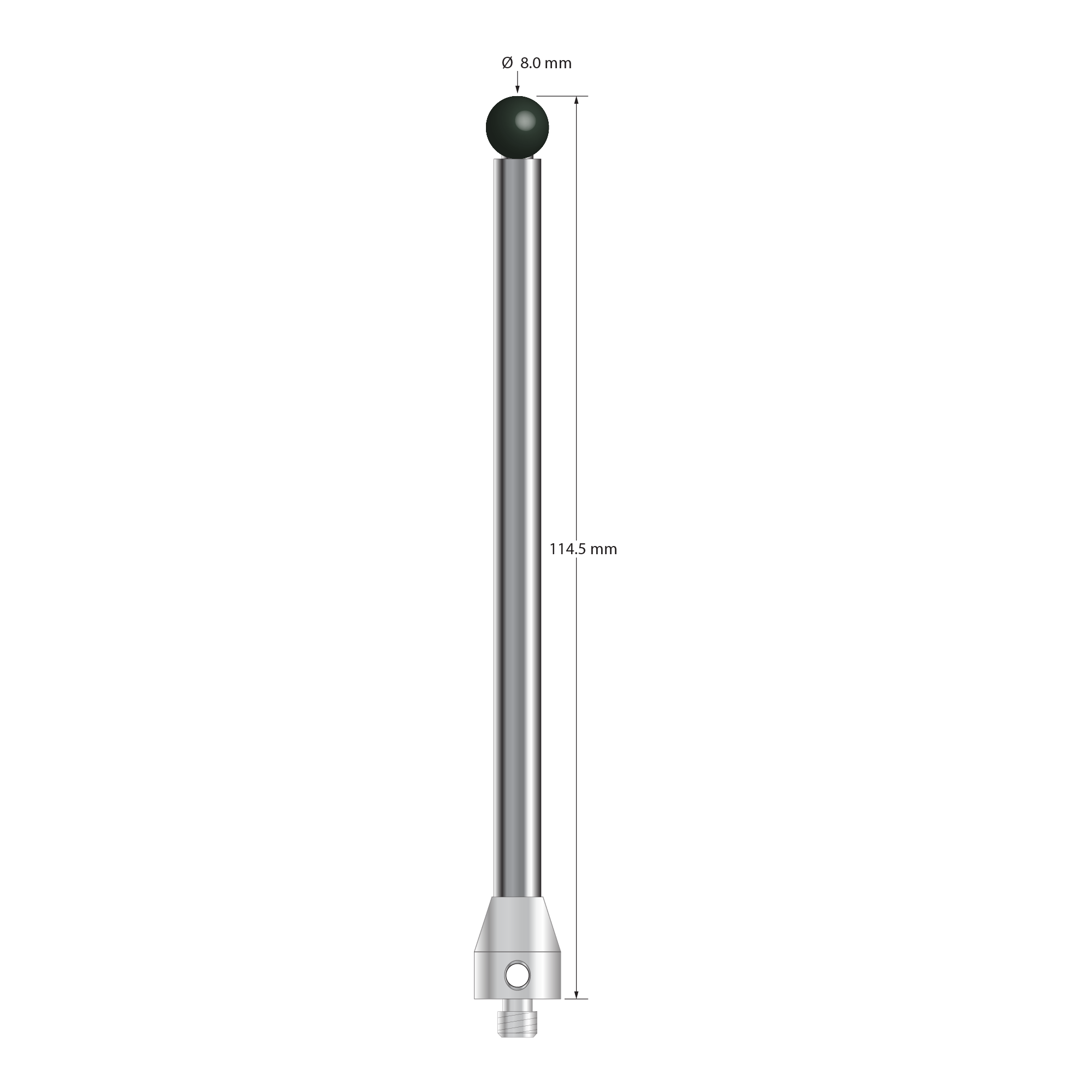 M5 stylus with 8.0 mm diameter silicon nitride ball, 6.0 mm diameter carbide stem, and 11.0 mm diameter x 13.0 mm long stainless steel base. Overall stylus length is 114.5 mm. Stylus weight is 47.07 grams. Compare to Zeiss 626115-0800-115 and Renishaw A-5555-3800.