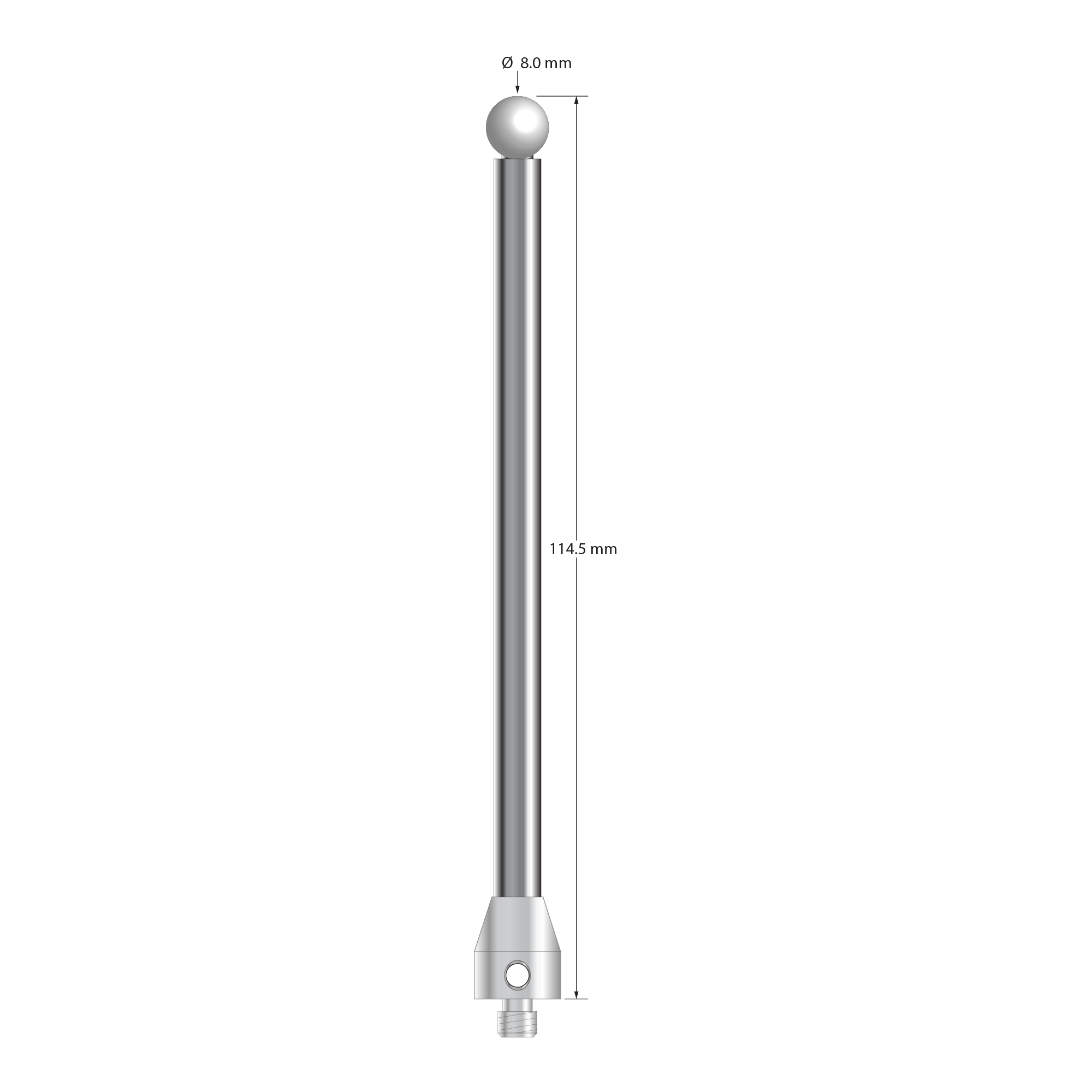 M5 stylus with 8.0 mm diameter silicon nitride ball, 6.0 mm diameter carbide stem, and 11.0 mm diameter x 13.0 mm long stainless steel base. Overall stylus length is 114.5 mm. Stylus weight is 47.07 grams.