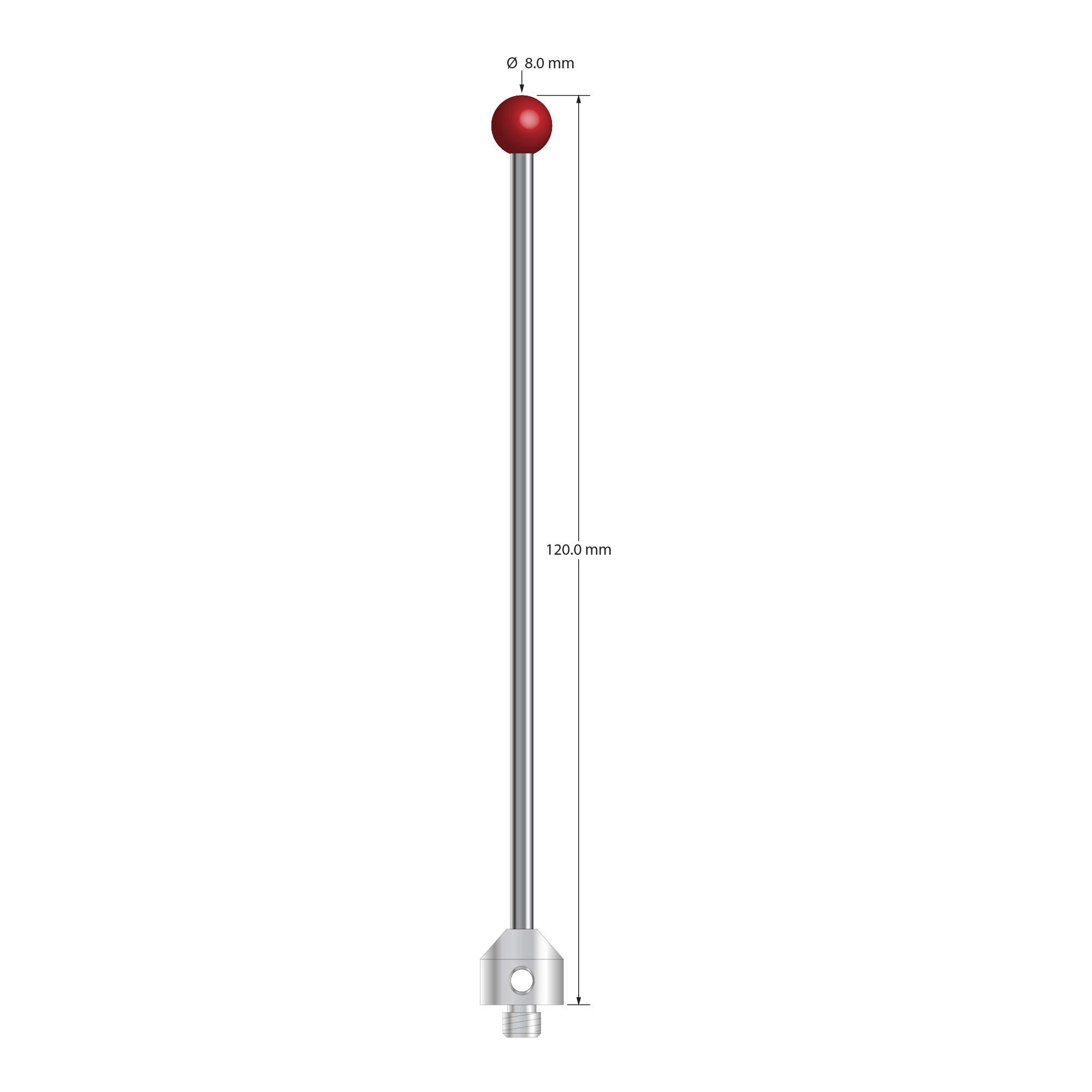 ATG-80120-DS3 M5 stylus with 8.0mm ruby ball, carbide stem, stainless steel base, 120mm long by Q-Mark Manufacturing, Inc.