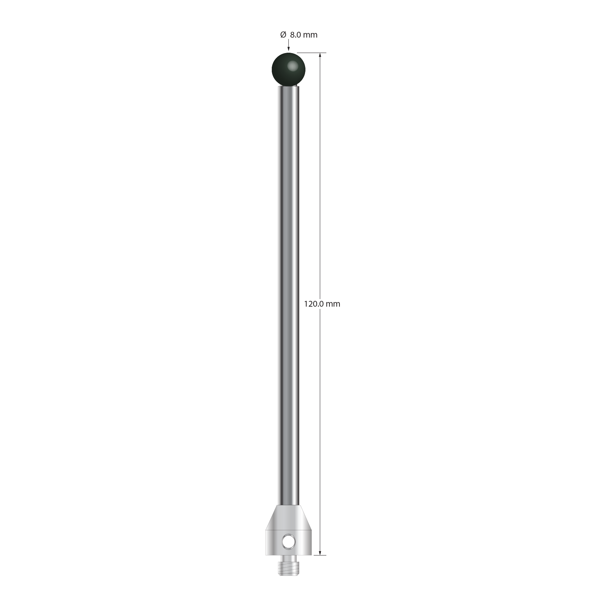 M5 stylus with 8.0 mm diameter silicon nitride ball, 5.0 mm diameter carbide stem, and 11.0 mm diameter x 12.0 mm long stainless steel base. Overall stylus length is 120.0 mm. Stylus weight is 36.01 grams.