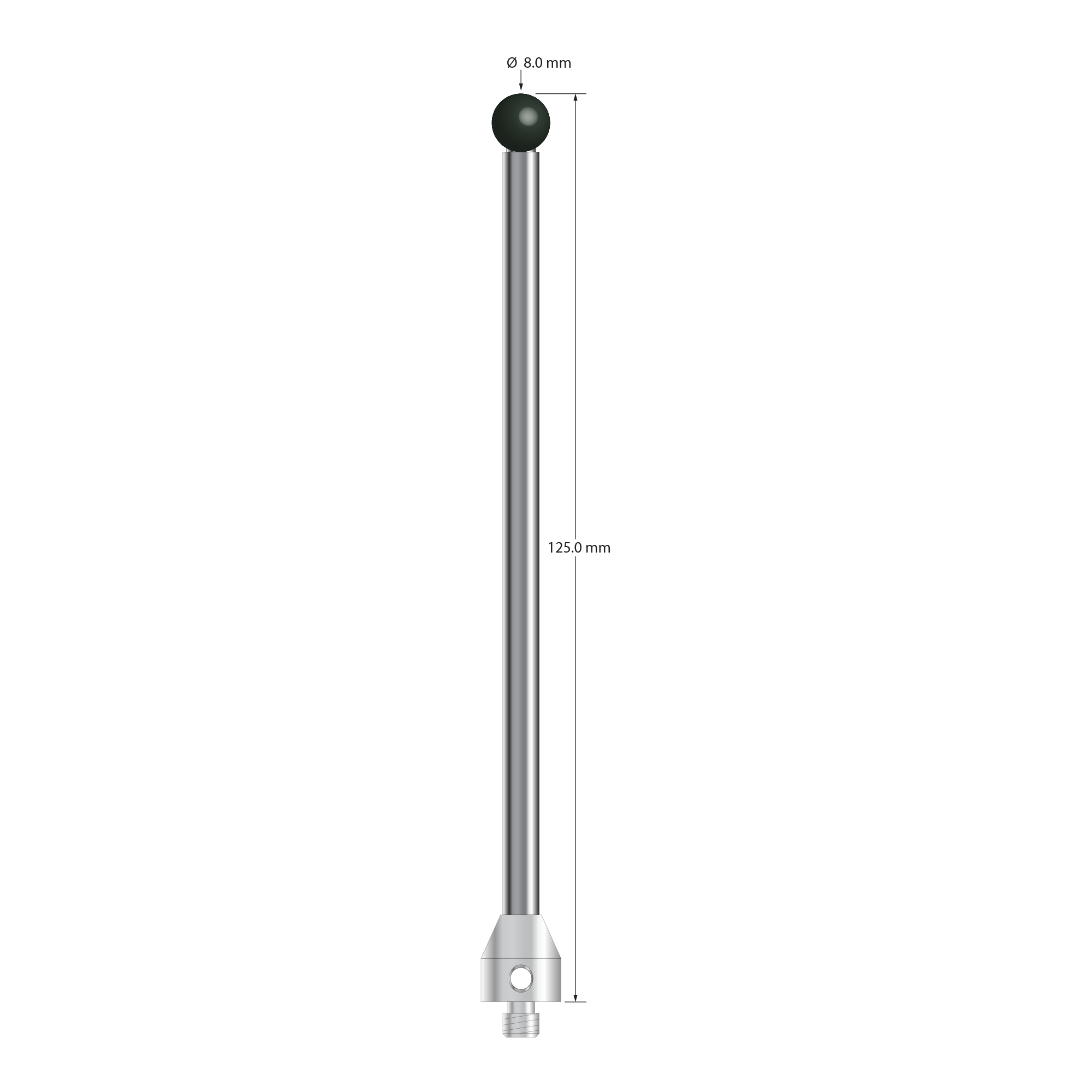 M5 stylus with 8.0 mm diameter silicon nitride ball, 5.0 mm diameter carbide stem, and 11.0 mm diameter x 12.0 mm long stainless steel base. Overall stylus length is 125.0 mm. Stylus weight is 37.43 grams.
