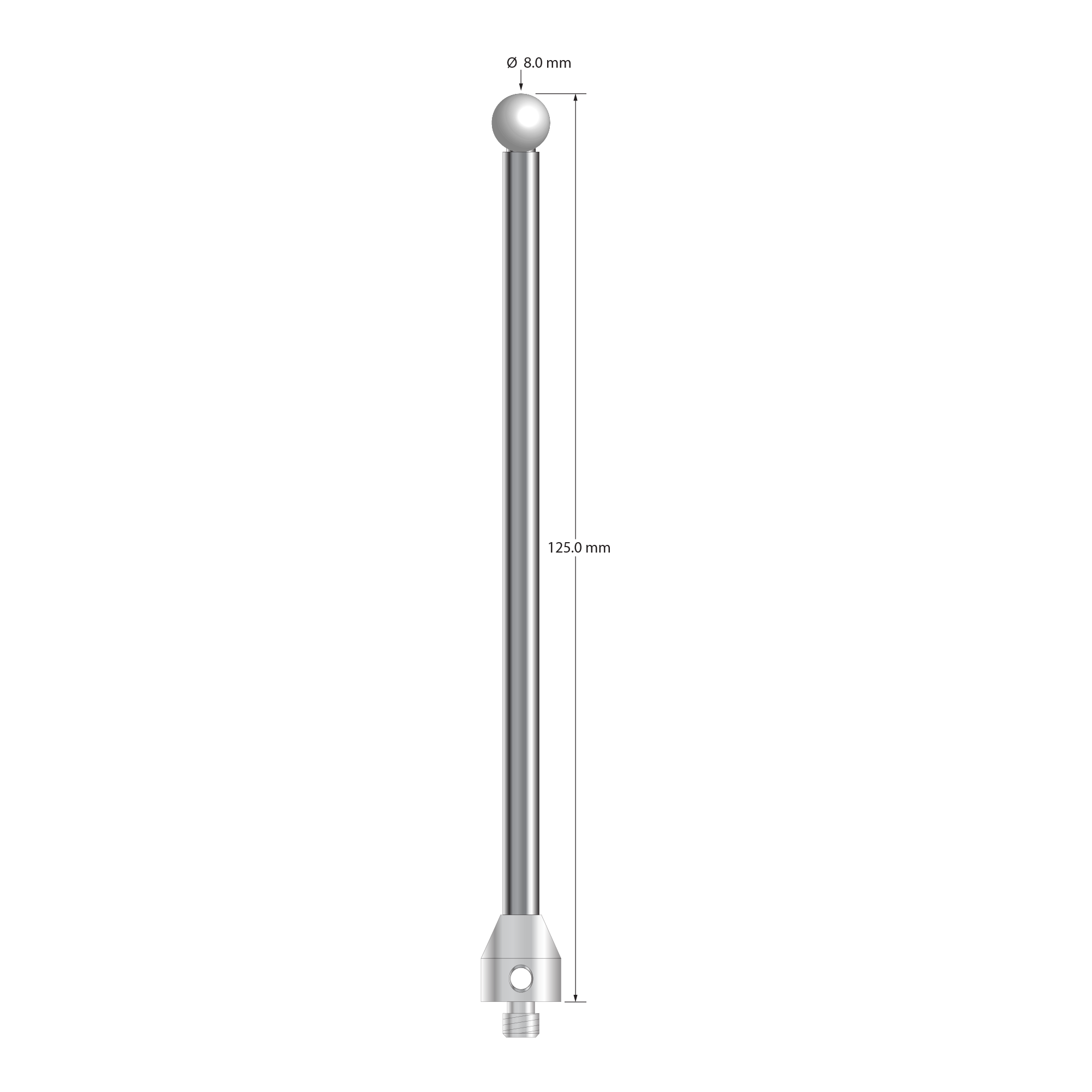 M5 stylus with 8.0 mm diameter zirconia ball, 5.0 mm diameter carbide stem, and 11.0 mm diameter x 12.0 mm long stainless steel base. Overall stylus length is 125.0 mm. Stylus weight is 37.43 grams.