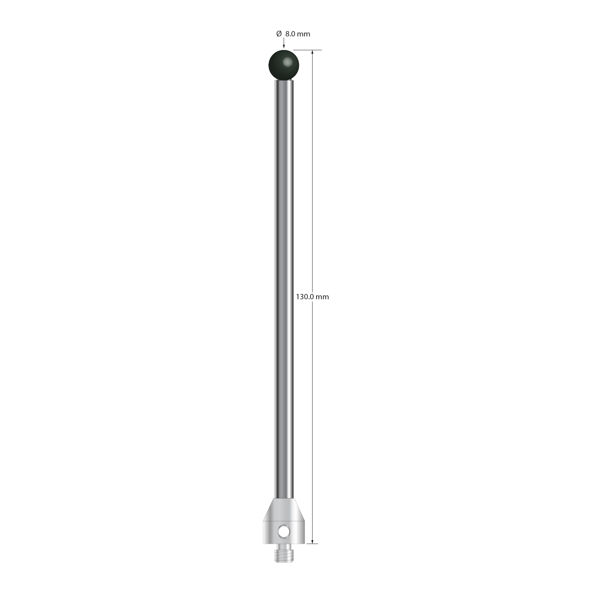 M5 stylus with 8.0 mm diameter silicon nitride ball, 5.0 mm diameter carbide stem, and 11.0 mm diameter x 12.0 mm long stainless steel base. Overall stylus length is 130.0 mm. Stylus weight is 38.85 grams.