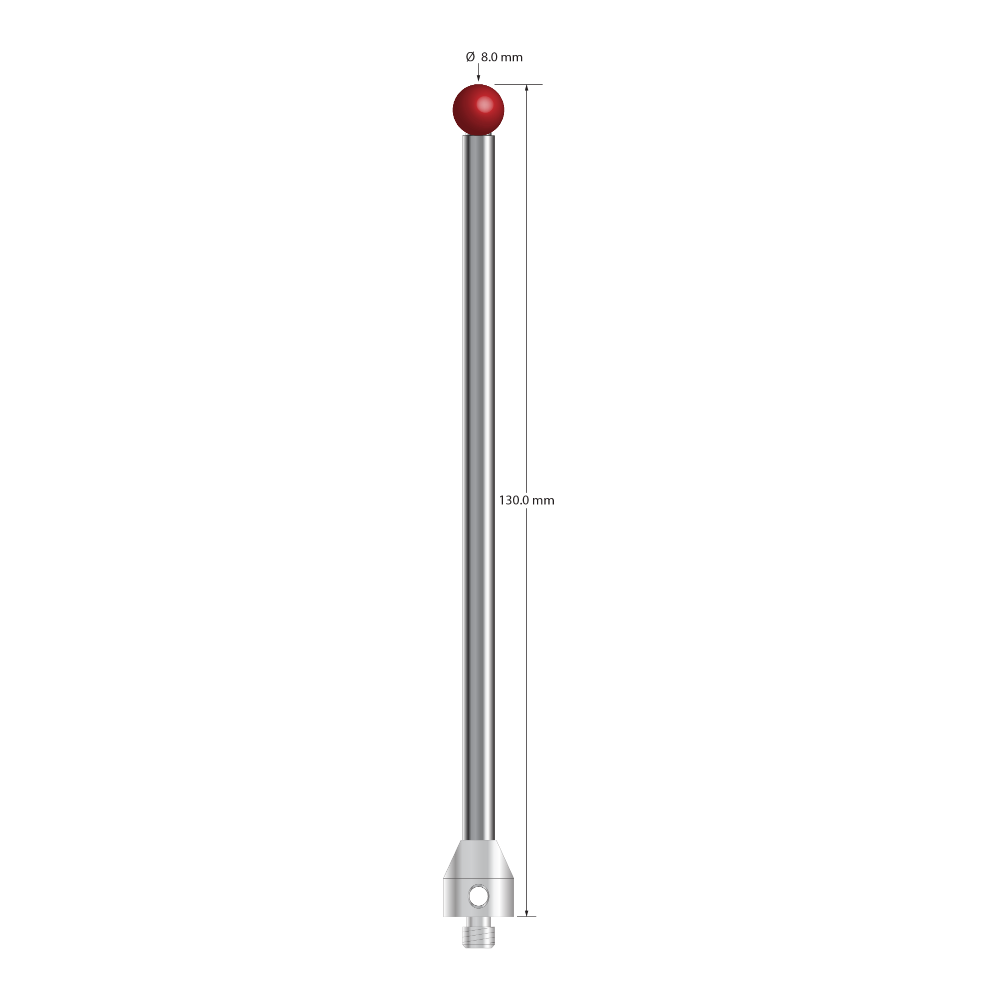 M5 stylus with 8.0 mm diameter ruby ball, 5.0 mm diameter carbide stem, and 11.0 mm diameter x 12.0 mm long stainless steel base. Overall stylus length is 130.0 mm. Stylus weight is 38.85 grams.