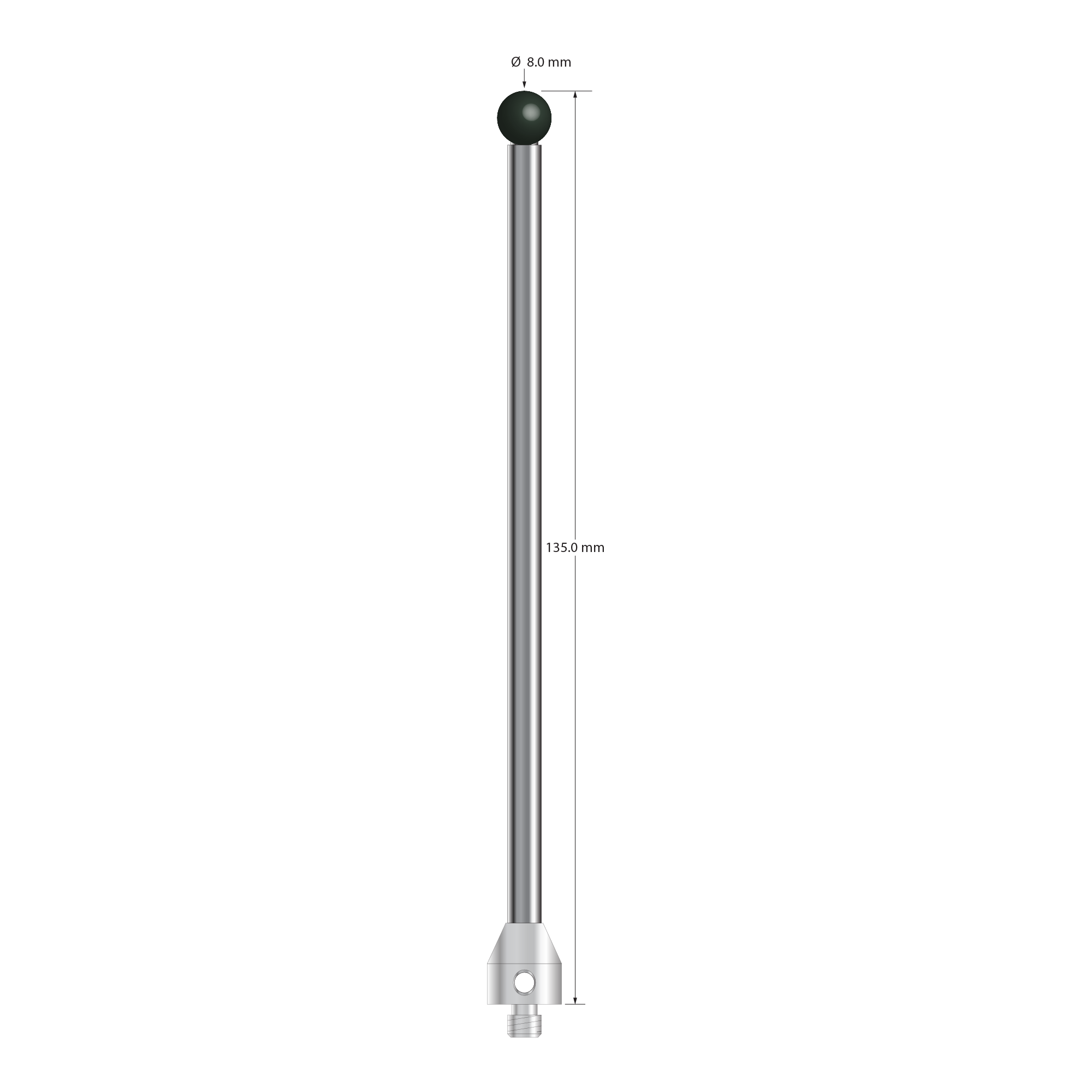 M5 stylus with 8.0 mm diameter silicon nitride ball, 5.0 mm diameter carbide stem, and 11.0 mm diameter x 12.0 mm long stainless steel base. Overall stylus length is 135.0 mm. Stylus weight is 40.26 grams.