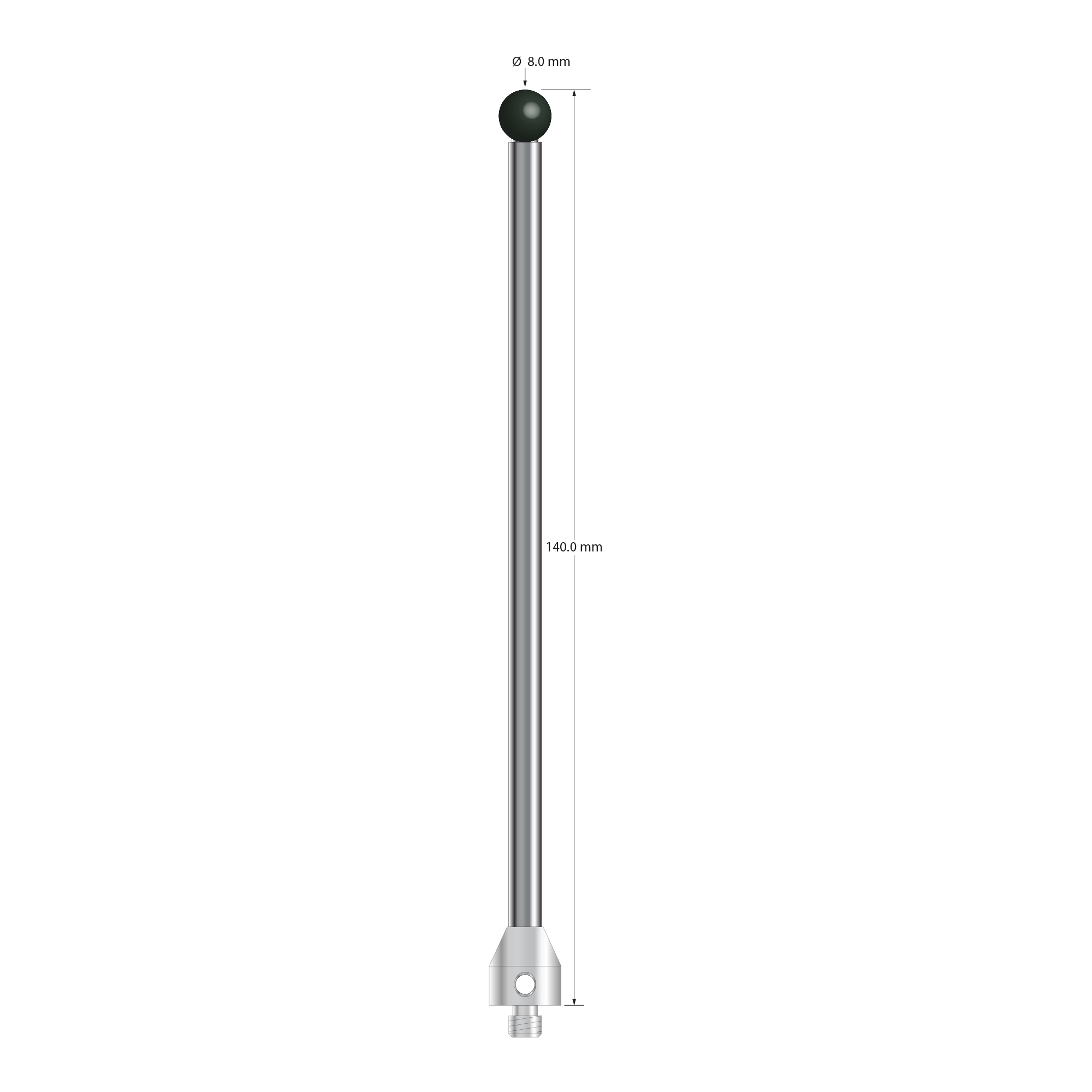 M5 stylus with 8.0 mm diameter silicon nitride ball, 5.0 mm diameter carbide stem, and 11.0 mm diameter x 12.0 mm long stainless steel base. Overall stylus length is 140.0 mm. Stylus weight is 41.68 grams.