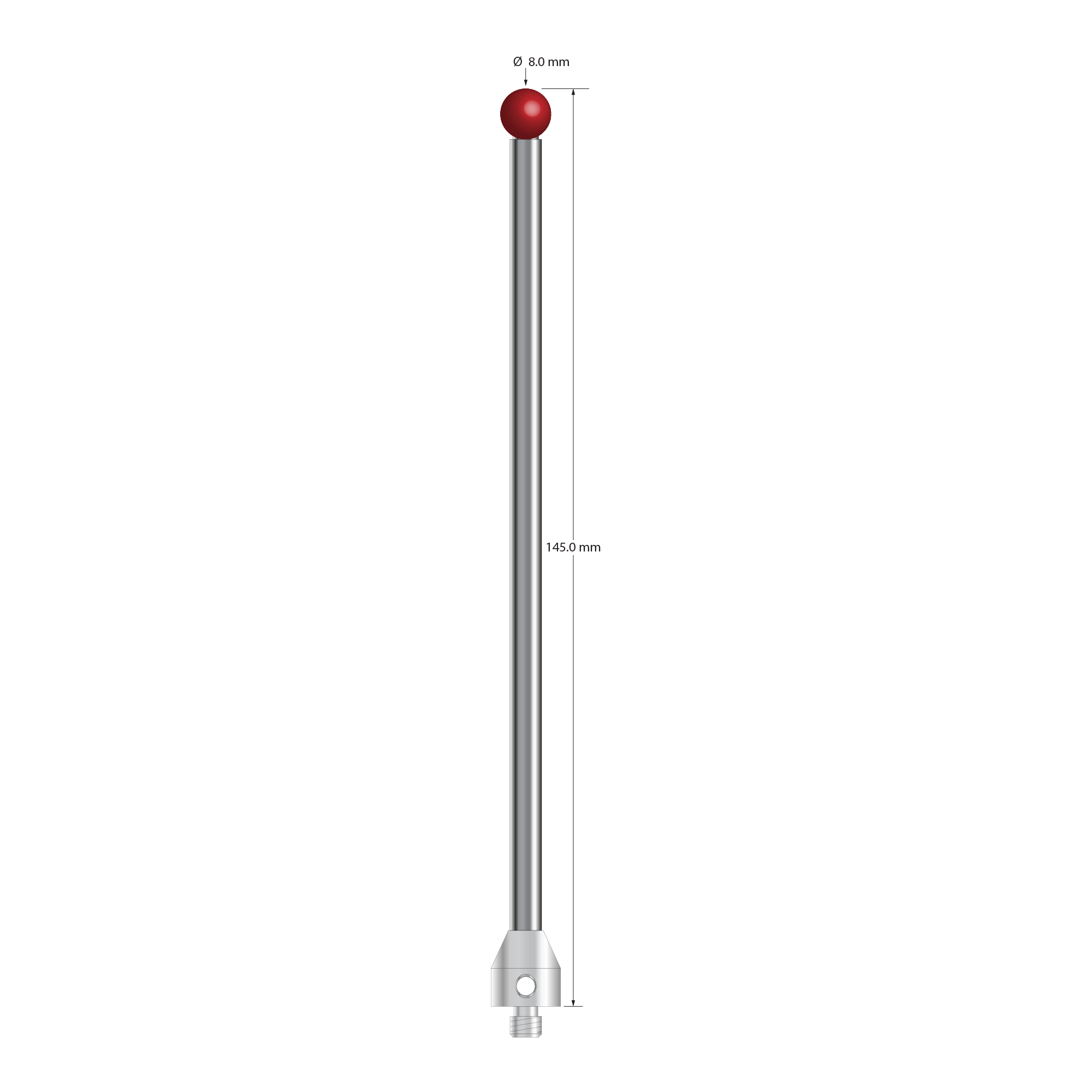 M5 stylus with 8.0 mm diameter ruby ball, 6.0 mm diameter carbide stem, and 11.0 mm diameter x 12.0 mm long stainless steel base. Overall stylus length is 145.0 mm. Stylus weight is 43.09 grams.