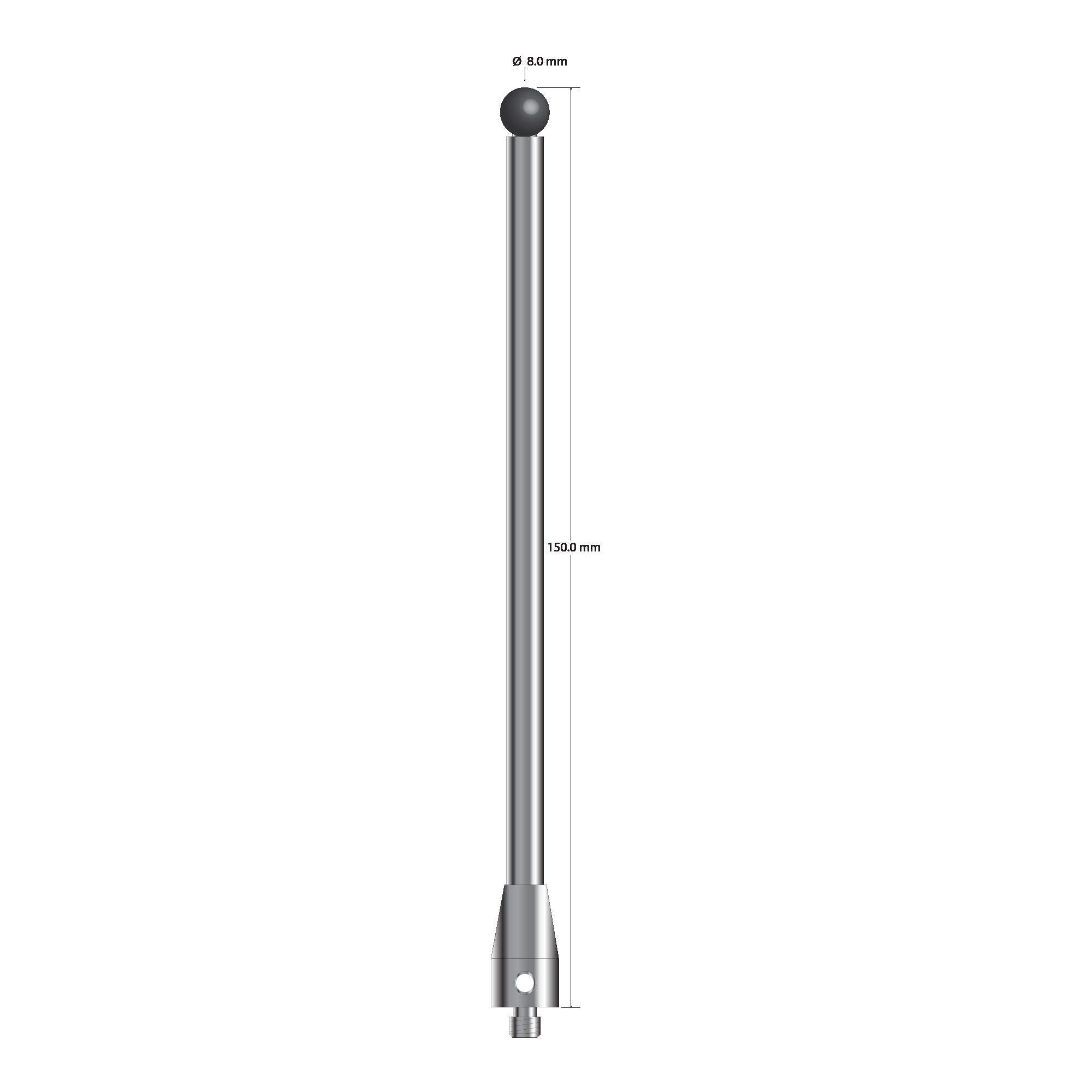 ATG-80150-20-SN M5 stylus with 8.0mm silicon nitride ball, carbide stem, and stainless steel base, 150mm long by Q-Mark Manufacturing, Inc.