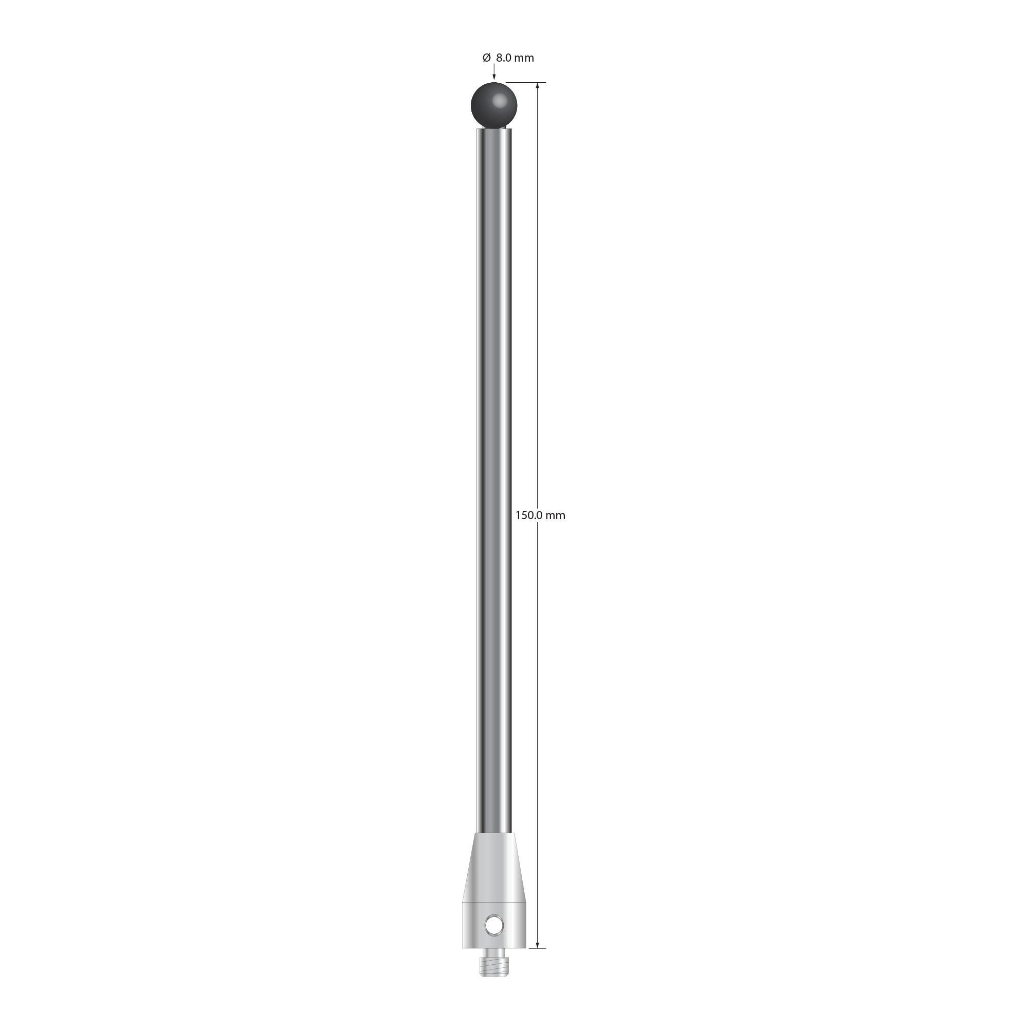 M5 stylus with 8.0 mm diameter silicon nitride ball, 6.0 mm diameter carbide stem, and 11.0 mm diameter x 20.0 mm long stainless steel base. Overall stylus length is 150.0 mm. Stylus weight is 86.14 grams. Compare to Zeiss 626115-0800-150.