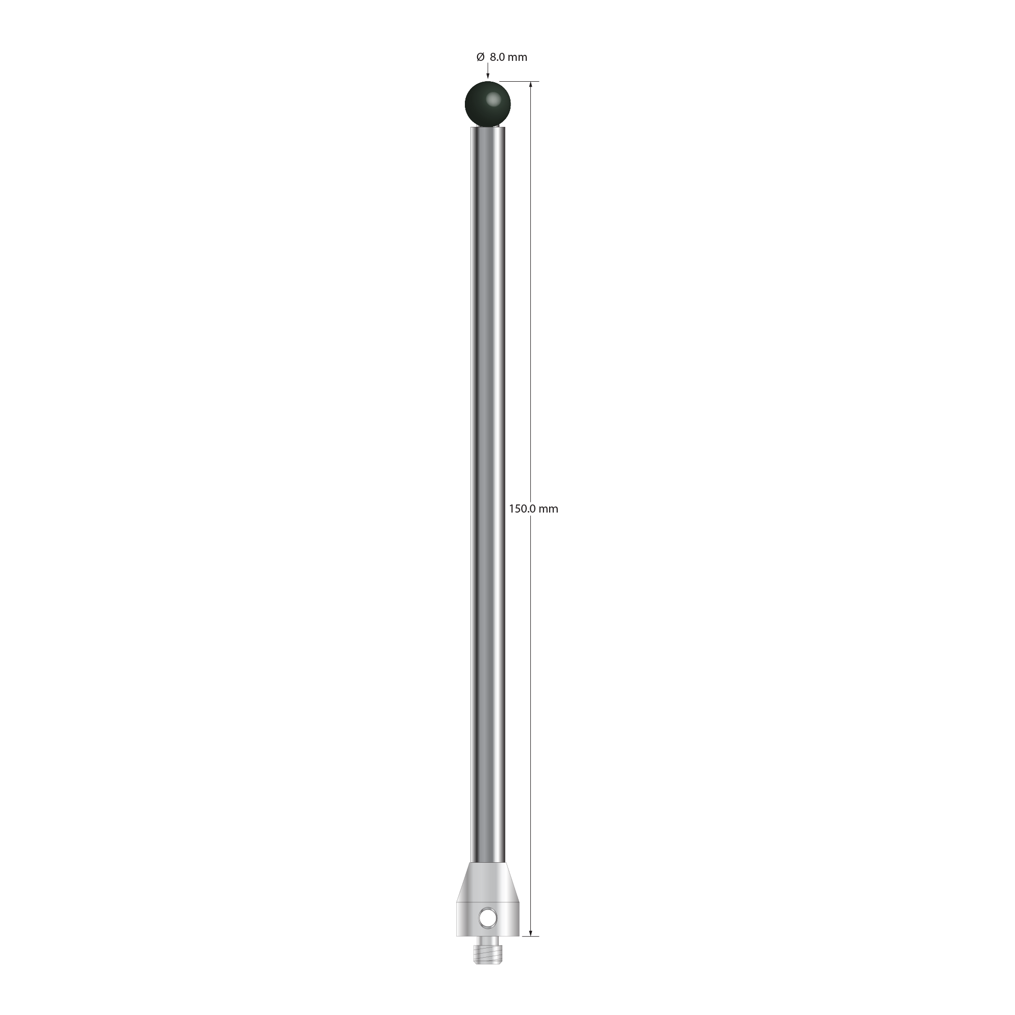M5 stylus with 8.0 mm diameter silicon nitride ball, 6.0 mm diameter carbide stem, and 11.0 mm diameter x 13.0 mm long stainless steel base. Overall stylus length is 150.0 mm. Stylus weight is 61.53 grams. Compare to Zeiss 626105-0825-150.