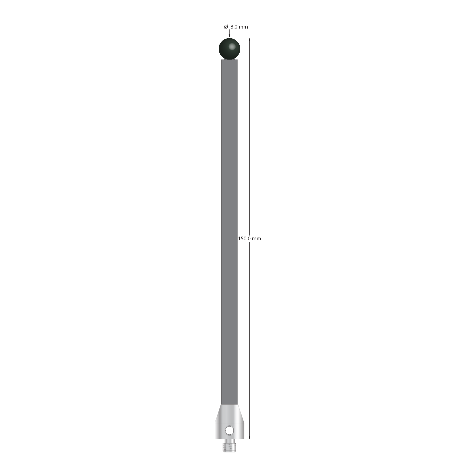 Low weight M5 stylus with 8.0 mm diameter silicon nitride ball, 6.0 mm diameter Therm-X carbon fiber stem, and 11.0 mm diameter x 13.0 mm long titanium base. Overall stylus length is 150.0 mm. Stylus weight is 10.09 grams. Compare to Zeiss 626105-0821-150.