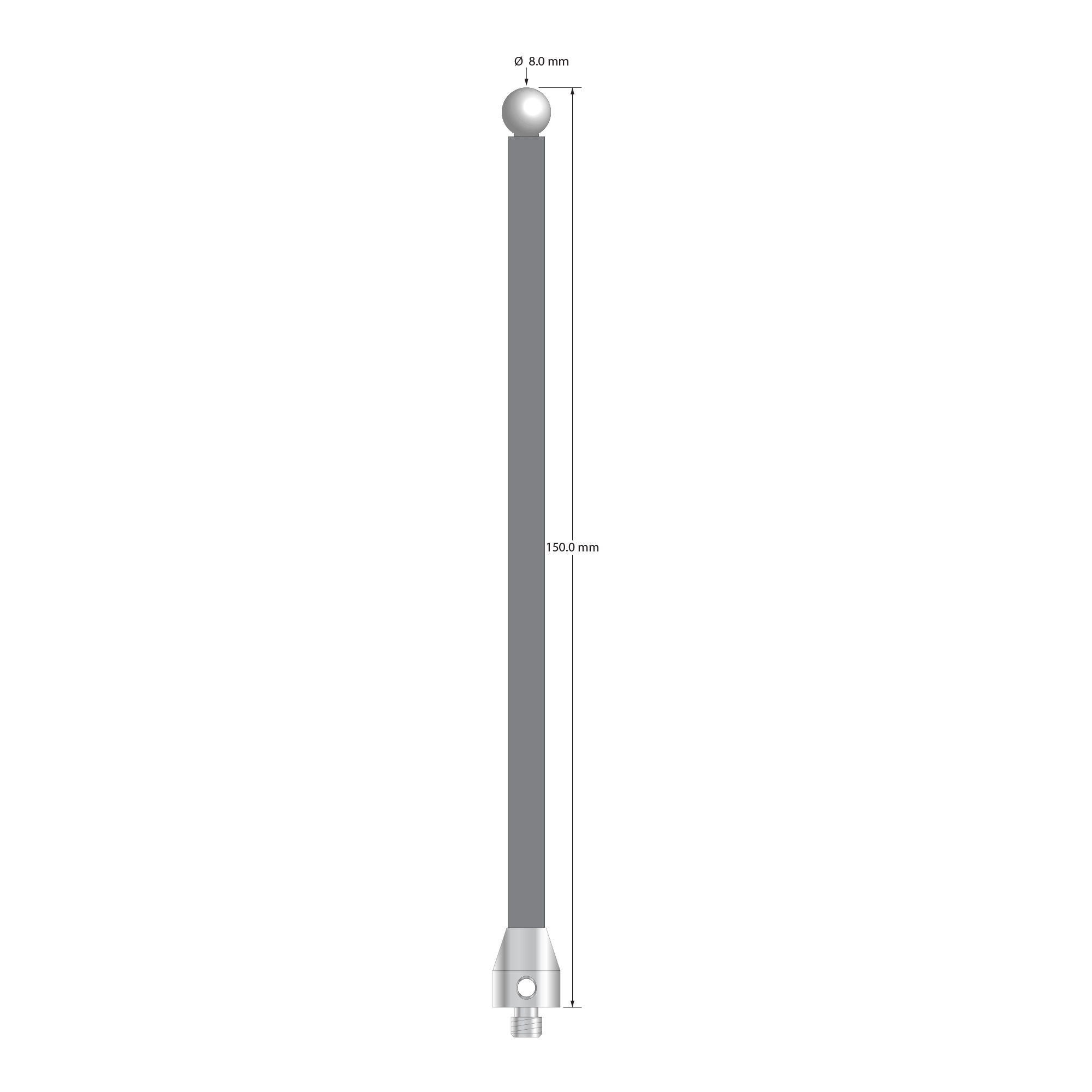 Low weight M5 stylus with 8.0 mm diameter zirconia ball, 6.0 mm diameter Therm-X carbon fiber stem, and 11.0 mm diameter x 13.0 mm long titanium base. Overall stylus length is 150.0 mm. Weight is 10.09 grams.