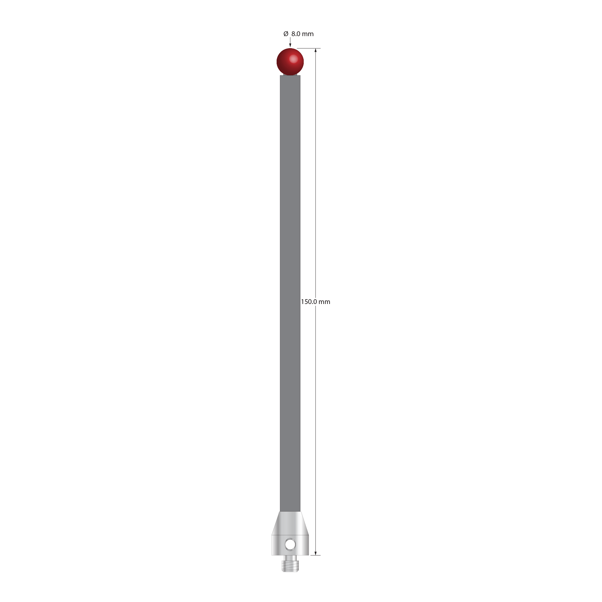 Low weight M5 stylus with 8.0 mm diameter ruby ball, 6.0 mm diameter Therm-X carbon fiber stem, and 11.0 mm diameter x 13.0 mm long titanium base. Overall stylus length is 150.0 mm. Stylus weight is 10.09 grams. Compare to Zeiss 626105-0820-150.