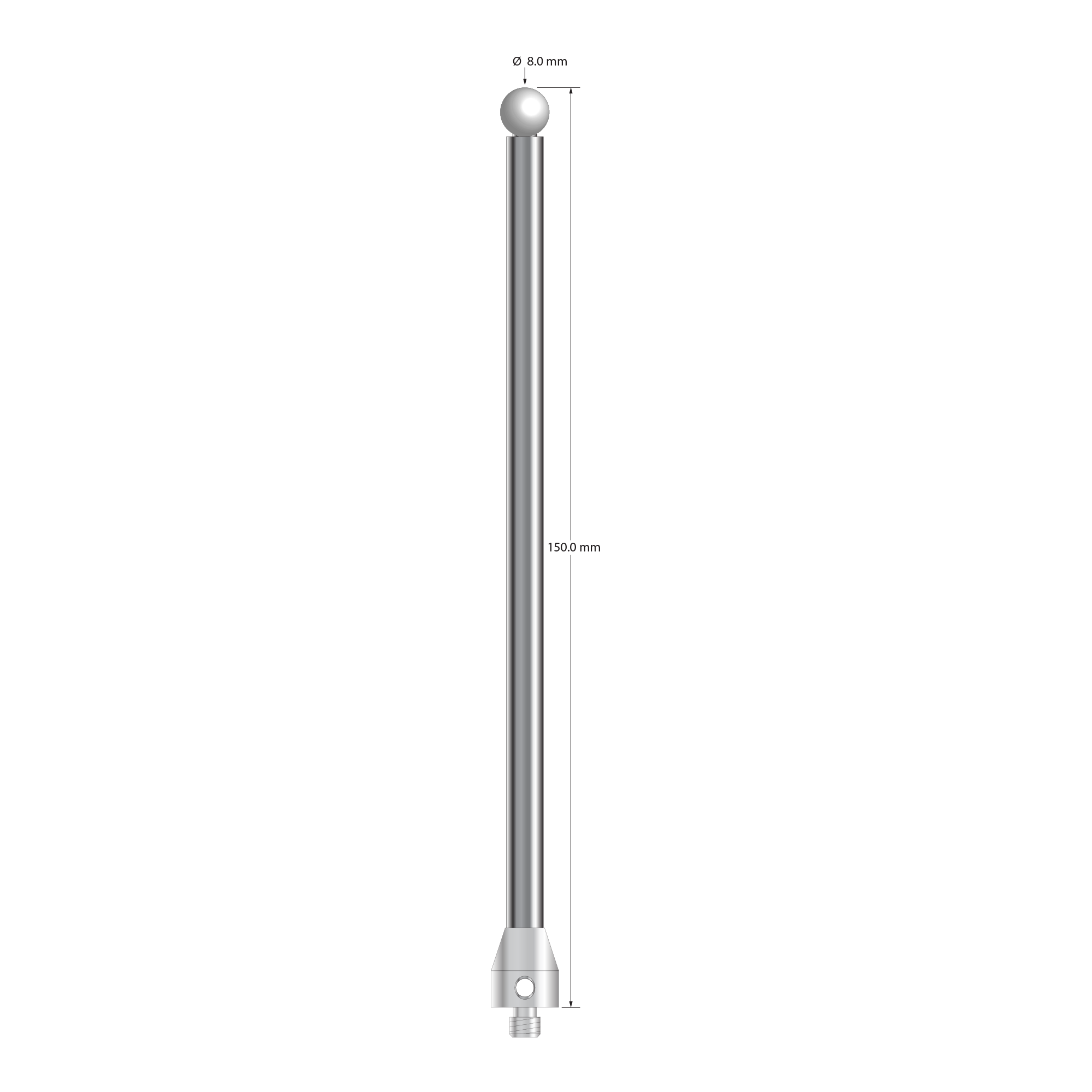 M5 stylus with 8.0 mm diameter zirconia ball, 6.0 mm diameter carbide stem, and 11.0 mm diameter x 13.0 mm long stainless steel base. Overall stylus length is 150.0 mm. Stylus weight is 61.53 grams.