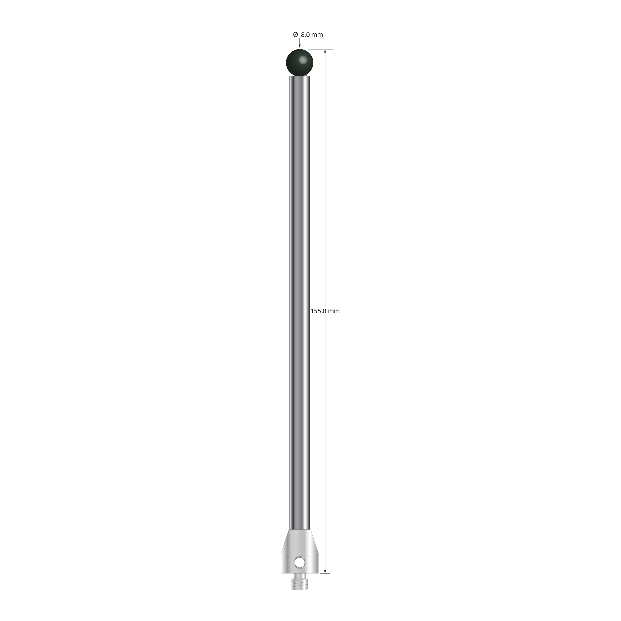 M5 stylus with 8.0 mm diameter silicon nitride ball, 6.0 mm diameter carbide stem, and 11.0 mm diameter x 13.0 mm long stainless steel base. Overall stylus length is 155.0 mm. Stylus weight is 63.56 grams. Compare to Zeiss 626105-0825-155.