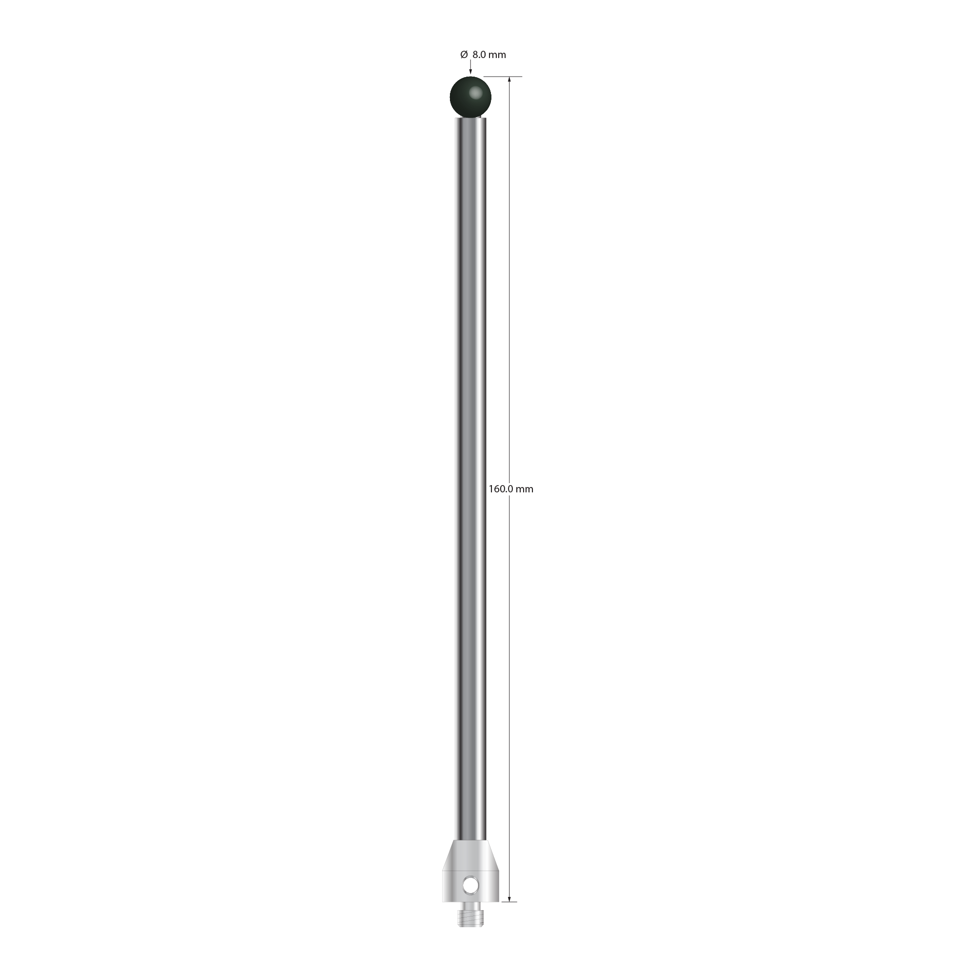 M5 stylus with 8.0 mm diameter silicon nitride ball, 6.0 mm diameter carbide stem, and 11.0 mm diameter x 13.0 mm long stainless steel base. Overall stylus length is 160.0 mm. Stylus weight is 65.60 grams. Compare to Zeiss 626105-0825-160.