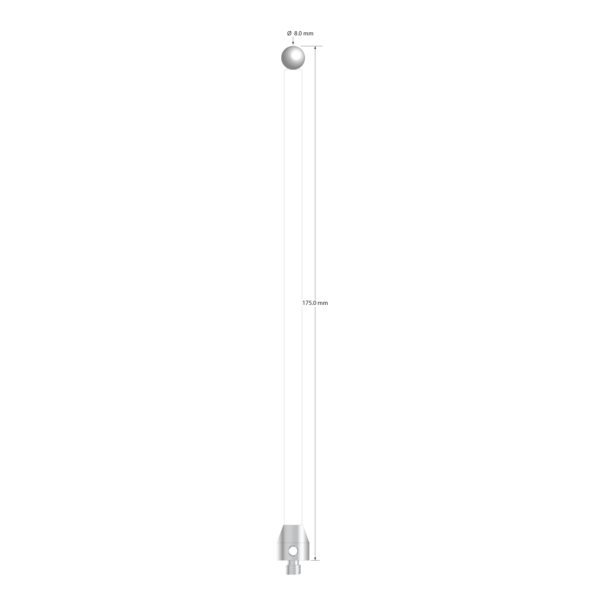 M5 stylus with 8.0 mm diameter zirconia ball, 6.0 mm diameter ceramic stem, and 11.0 mm diameter x 16.0 mm long anodized aluminum base. Overall stylus length is 175.0 mm. Stylus weight is 25.68 grams.