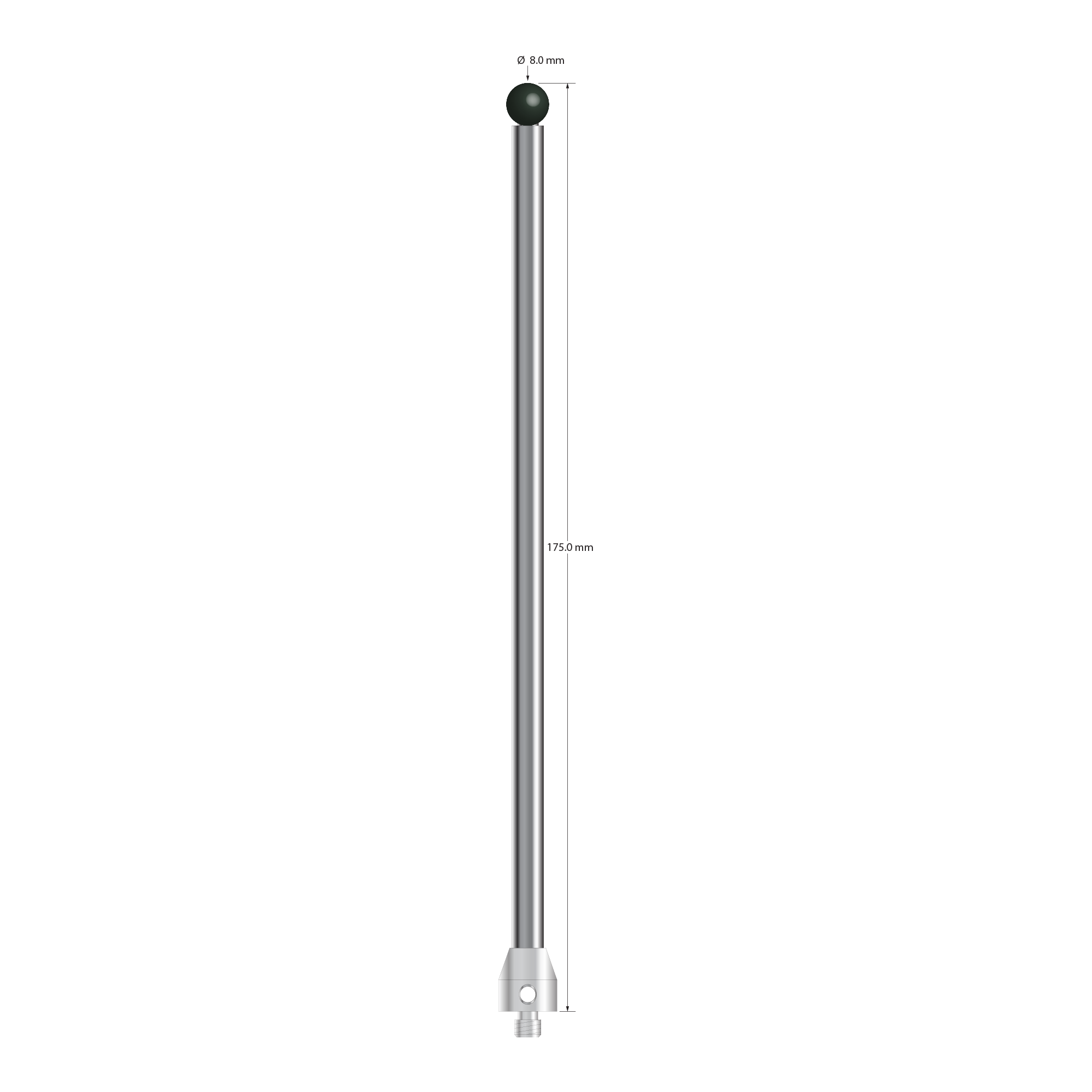 M5 stylus with 8.0 mm diameter silicon nitride ball, 6.0 mm diameter carbide stem, and 11.0 mm diameter x 13.0 mm long stainless steel base. Overall stylus length is 175.0 mm. Stylus weight is 71.72 grams. Compare to Zeiss 626105-0825-175.