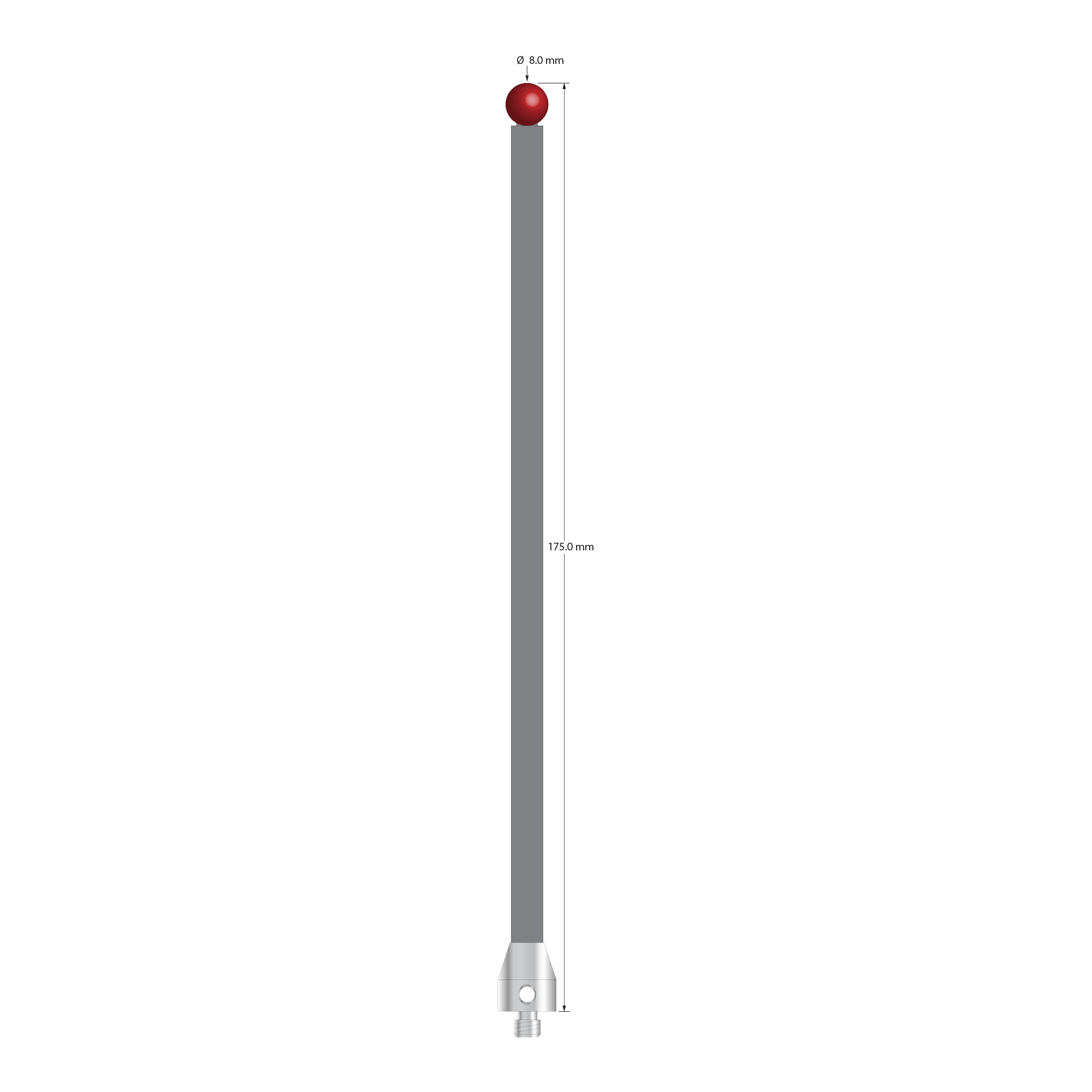 M5 stylus with 8.0 mm diameter ruby ball, 6.0 mm diameter Therm-X carbon fiber stem, and 11.0 mm diameter x 13.0 mm long titanium base. Overall stylus length is 175.0 mm. Stylus weight is 12.87 grams. Compare to Zeiss 626105-0820-175.
