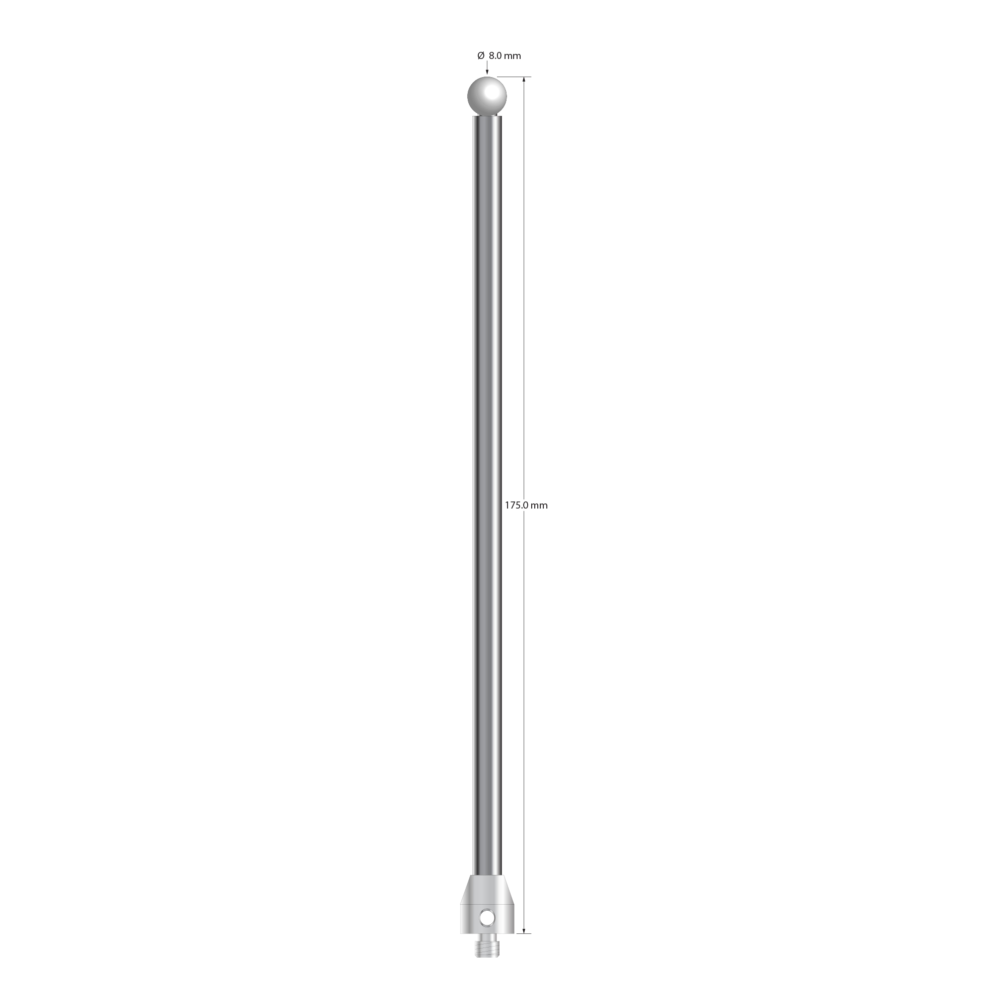 M5 stylus with 8.0 mm diameter zirconia ball, 6.0 mm diameter carbide stem, and 11.0 mm diameter x 13.0 mm long stainless steel base. Overall stylus length is 175.0 mm. Stylus weight is 71.72 grams.