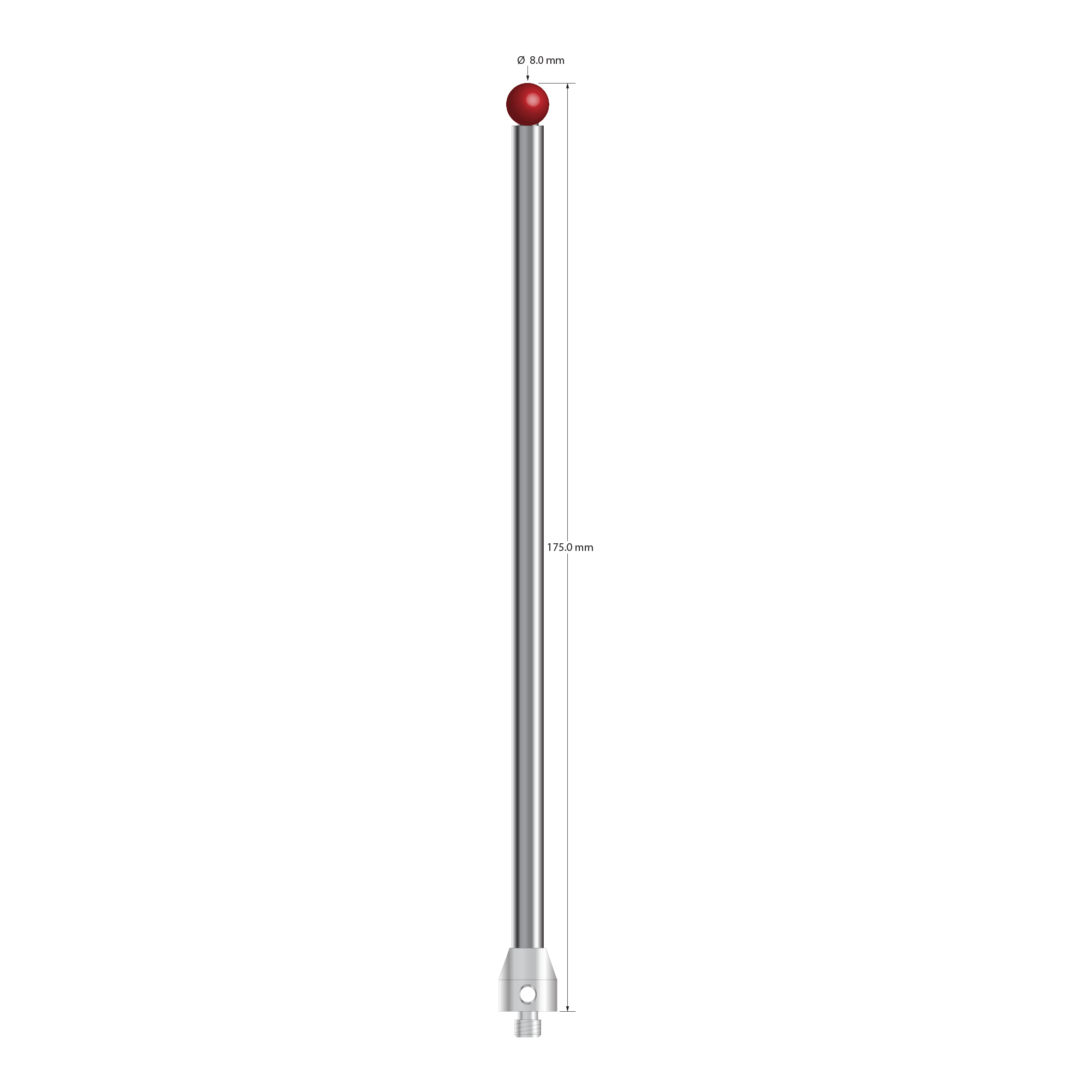 M5 stylus with 8.0 mm diameter ruby ball, 6.0 mm diameter carbide stem, and 11.0 mm diameter x 13.0 mm long stainless steel base. Overall stylus length is 175.0 mm. Stylus weight is 71.72 grams. Compare to Zeiss 626105-0824-175.