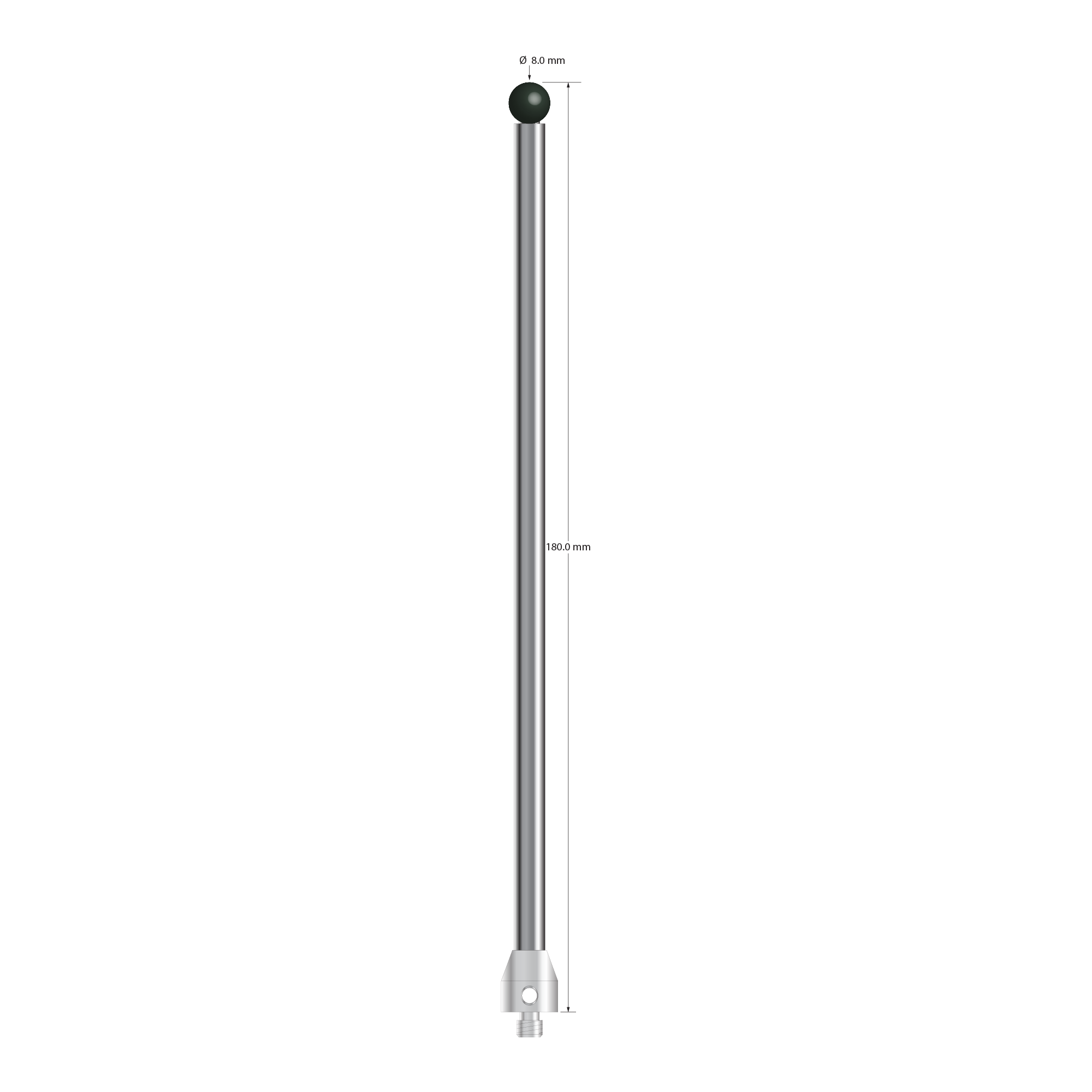 M5 stylus with 8.0 mm diameter silicon nitride ball, 6.0 mm diameter carbide stem, and 11.0 mm diameter x 13.0 mm long stainless steel base. Overall stylus length is 180.0 mm. Stylus weight is 73.74 grams. Compare to Zeiss 626105-0825-180.