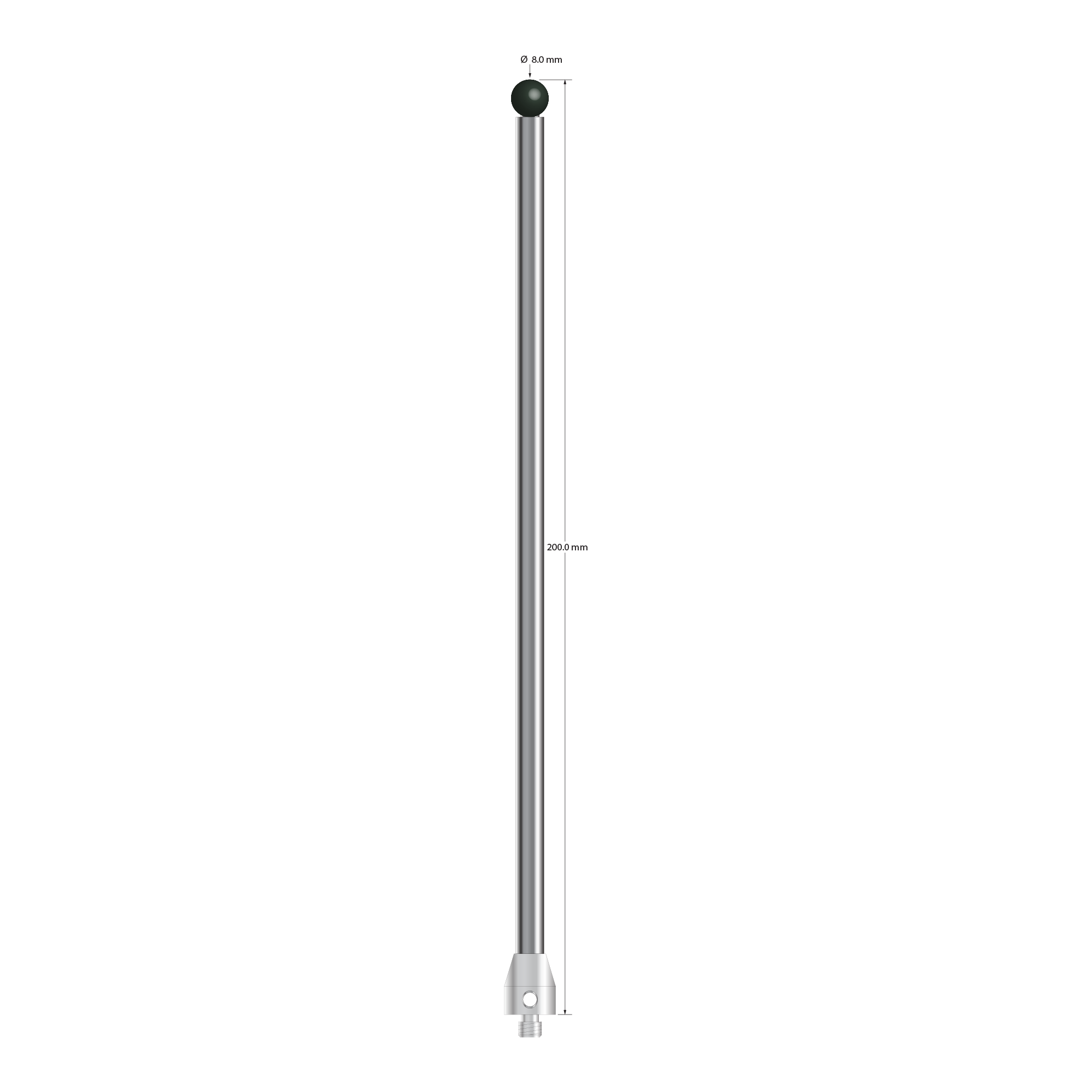 M5 stylus with 8.0 mm diameter silicon nitride ball, 6.0 mm diameter carbide stem, and 11.0 mm diameter x 13.0 mm long stainless steel base. Overall stylus length is 200.0 mm. Stylus weight is 81.89 grams. Compare to Zeiss 626115-0803-200.