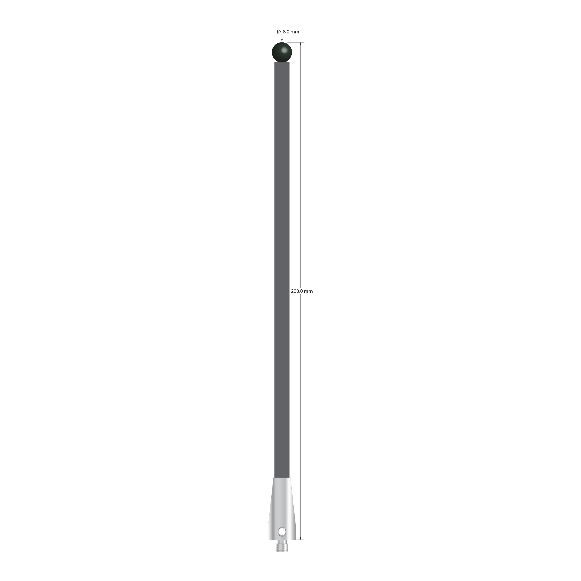 Low weight M5 stylus with 8.0 mm diameter silicon nitride ball, 6.0 mm diameter Therm-X carbon fiber stem, and 11.0 mm diameter x 13.0 mm long titanium base. Overall stylus length is 200.0 mm. Stylus weight is 12.28 grams. Compare to Zeiss 626105-0821-200.
