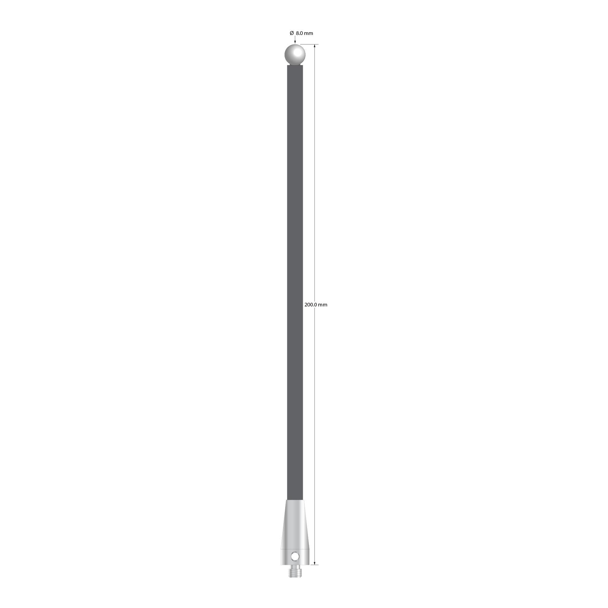 Low weight M5 stylus with 8.0 mm diameter zirconia ball, 6.0 mm diameter Therm-X carbon fiber stem, and 11.0 mm diameter x 13.0 mm long titanium base. Overall stylus length is 200.0 mm. Stylus weight is 12.28 grams.