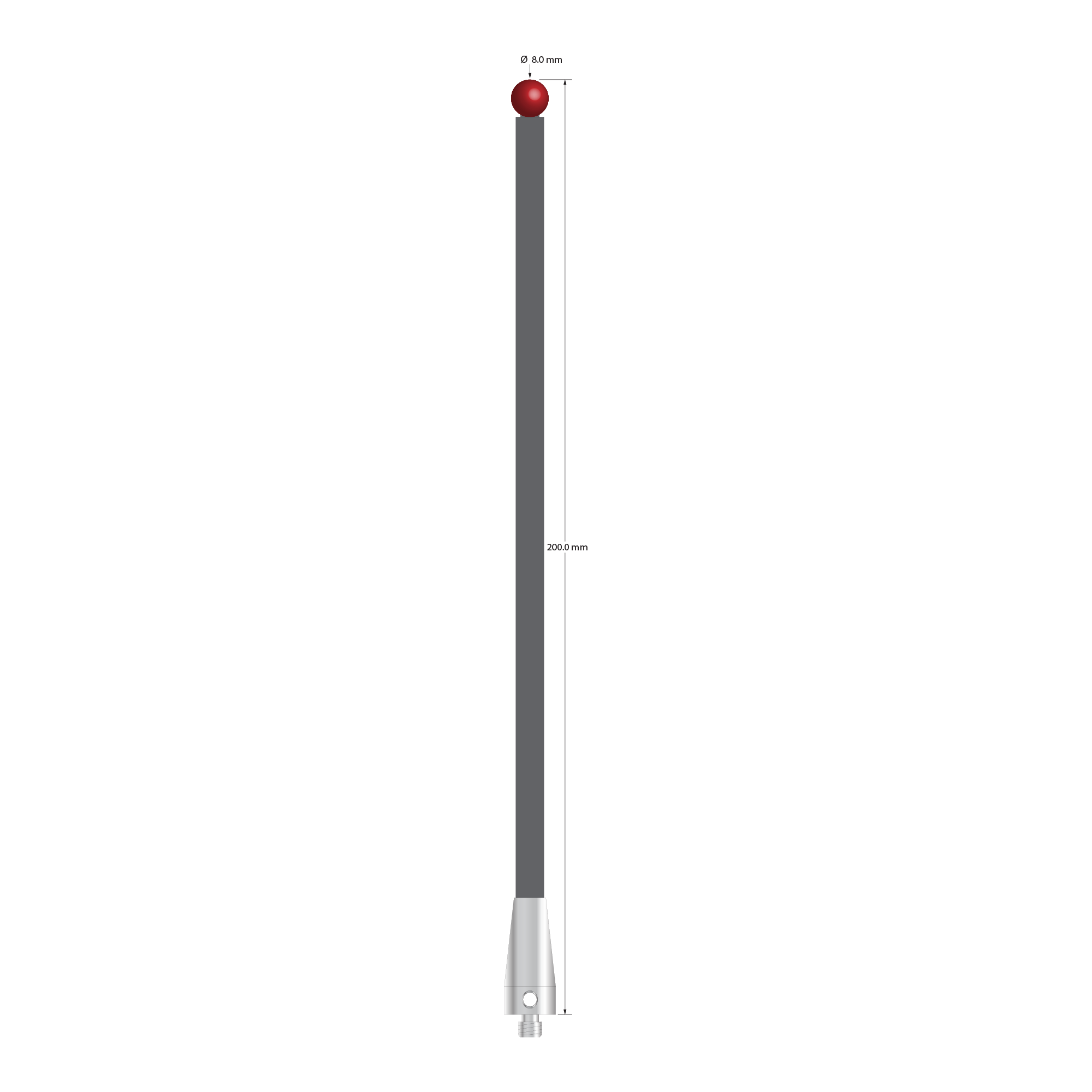 Low weight M5 stylus with 8.0 mm diameter ruby ball, 6.0 mm diameter Therm-X carbon fiber stem, and 11.0 mm diameter x 13.0 mm long titanium base. Overall stylus length is 200.0 mm. Stylus weight is 12.28 grams. Compare to Zeiss 626105-0820-200.