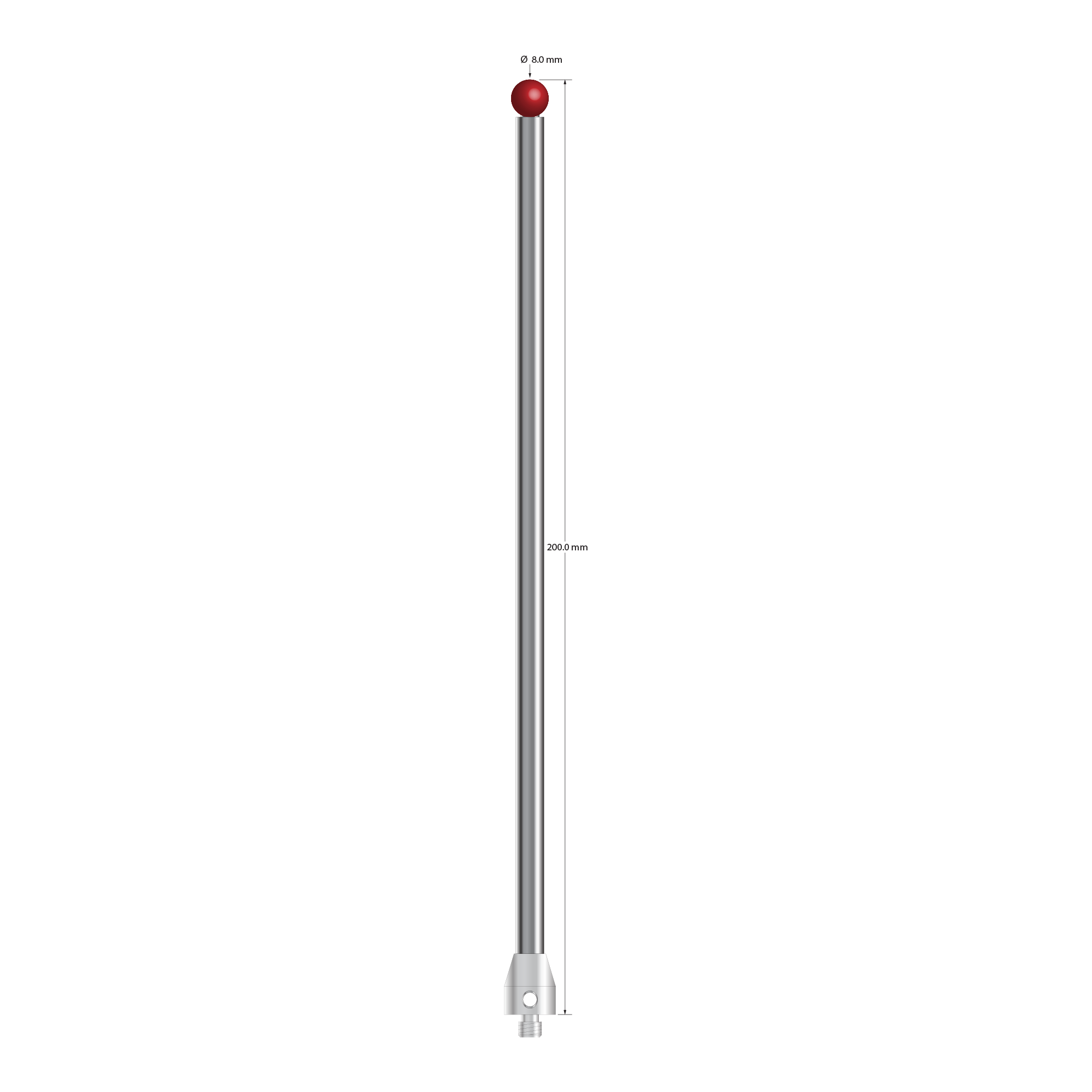 M5 stylus with 8.0 mm diameter ruby ball, 6.0 mm diameter carbide stem, and 11.0 mm diameter x 13.0 mm long stainless steel base. Overall stylus length is 200.0 mm. Stylus weight is 81.89 grams.