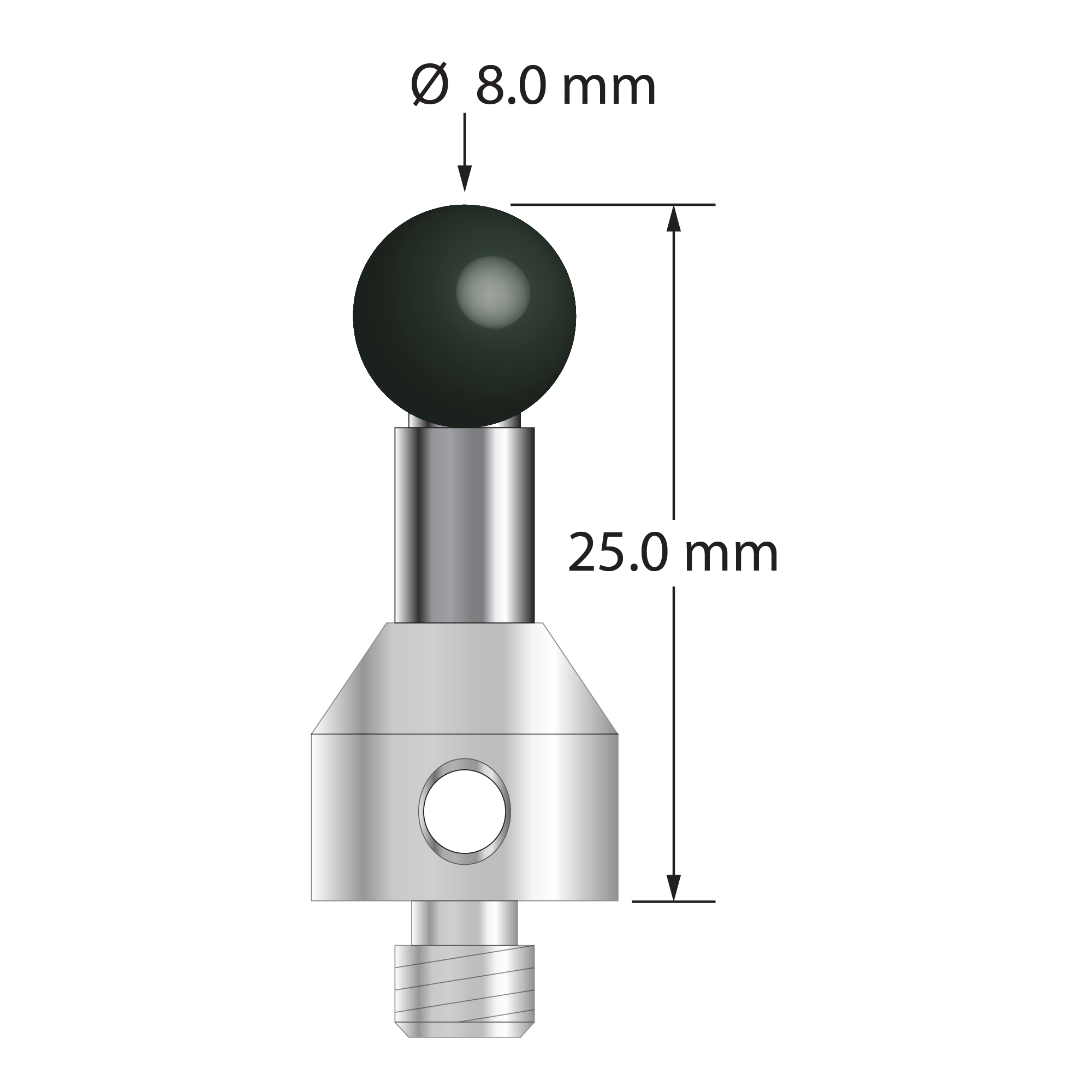 M5 stylus with 8.0 mm diameter silicon nitride ball, 5.0 mm diameter carbide stem, and 11.0 mm diameter x 13.0 mm long stainless steel base. Overall stylus length is 25.0 mm. Stylus weight is 9.59 grams.