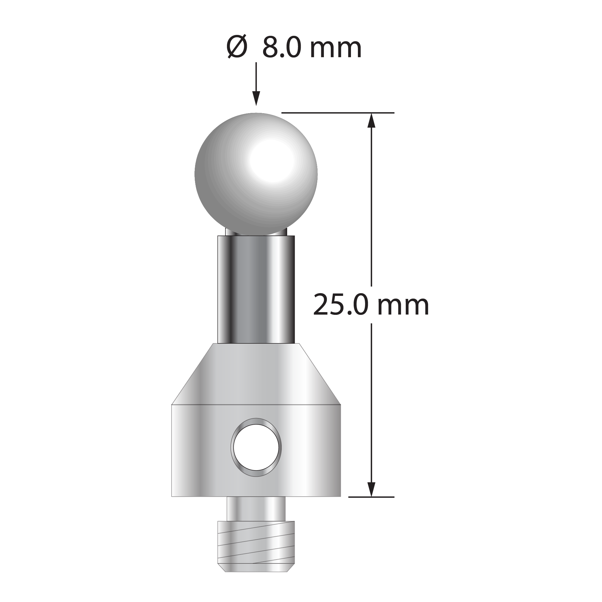 M5 stylus with 8.0 mm diameter zirconia ball, 5.0 mm diameter carbide stem, and 11.0 mm diameter x 13.0 mm long stainless steel base. Overall stylus length is 25.0 mm. Stylus weight is 9.59 grams.