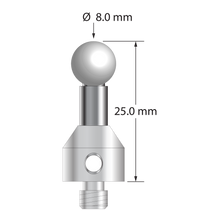 M5 stylus with 8.0 mm diameter zirconia ball, 5.0 mm diameter carbide stem, and 11.0 mm diameter x 13.0 mm long stainless steel base. Overall stylus length is 25.0 mm. Stylus weight is 9.59 grams.