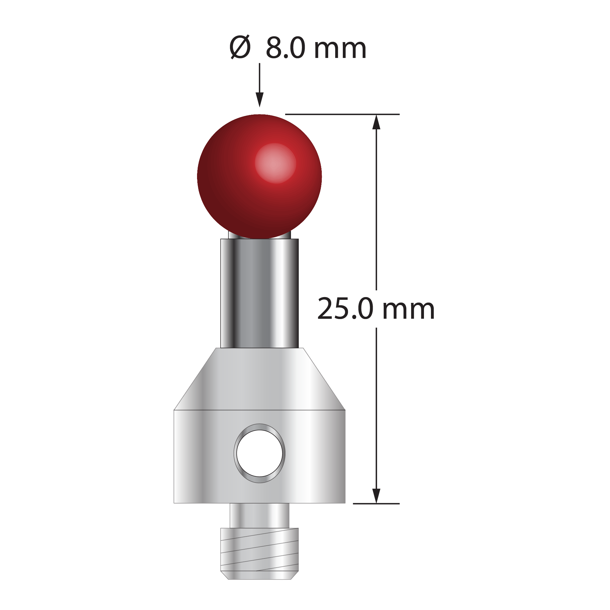 M5 stylus with 8.0 mm diameter ruby ball, 5.0 mm diameter carbide stem, and 11.0 mm diameter x 13.0 mm long stainless steel base. Overall stylus length is 25.0 mm. Stylus weight is 9.59 grams. Compare to Zeiss 626115-0800-025.
