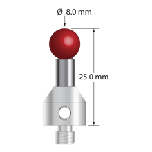 M5 stylus with 8.0 mm diameter ruby ball, 5.0 mm diameter carbide stem, and 11.0 mm diameter x 13.0 mm long stainless steel base. Overall stylus length is 25.0 mm. Stylus weight is 9.59 grams. Compare to Zeiss 626115-0800-025.