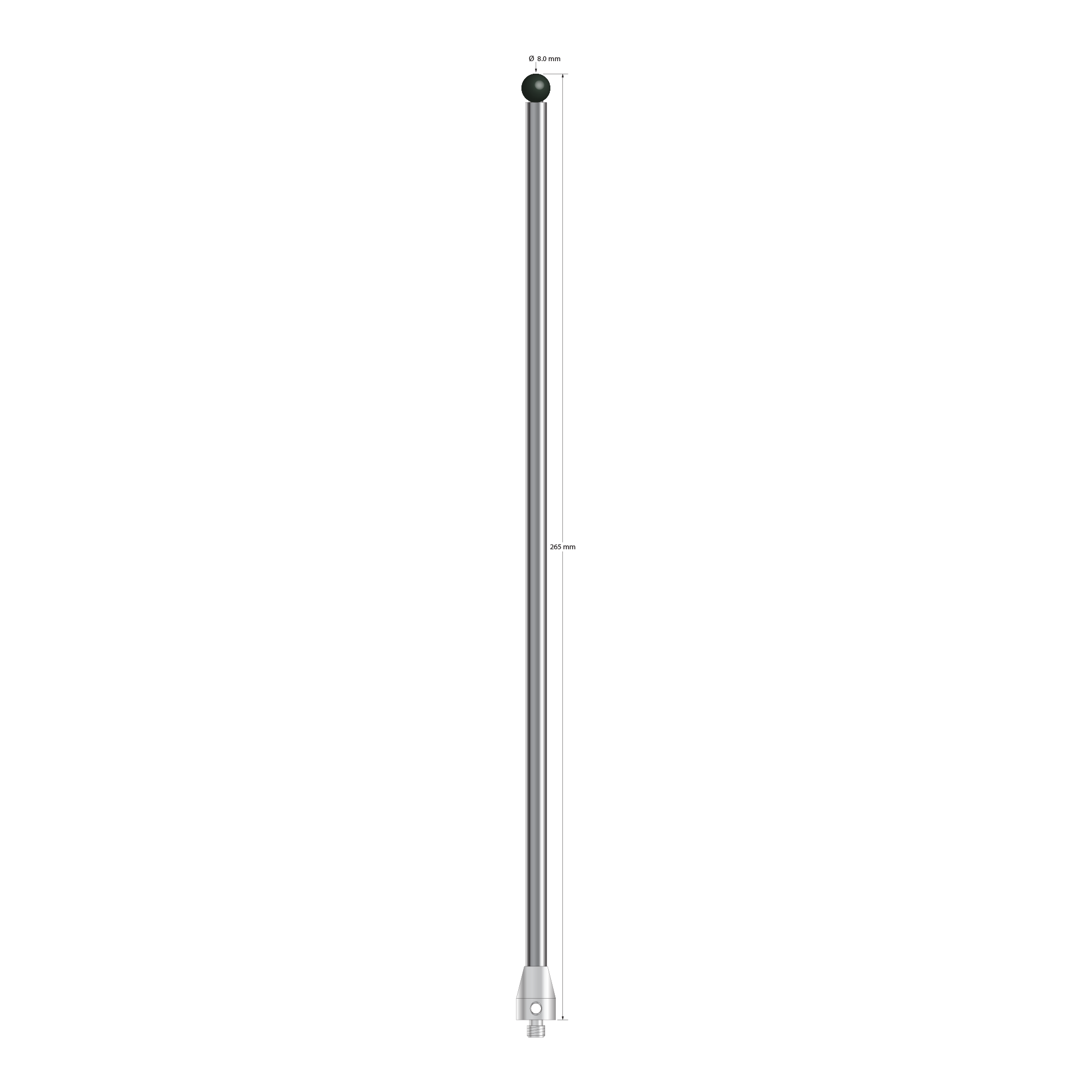 M5 stylus with 8.0 mm diameter silicon nitride ball, 6.0 mm diameter carbide stem, and 11.0 mm diameter x 15.0 mm long stainless steel base. Overall stylus length is 265.0 mm. Stylus weight is 108.36 grams.