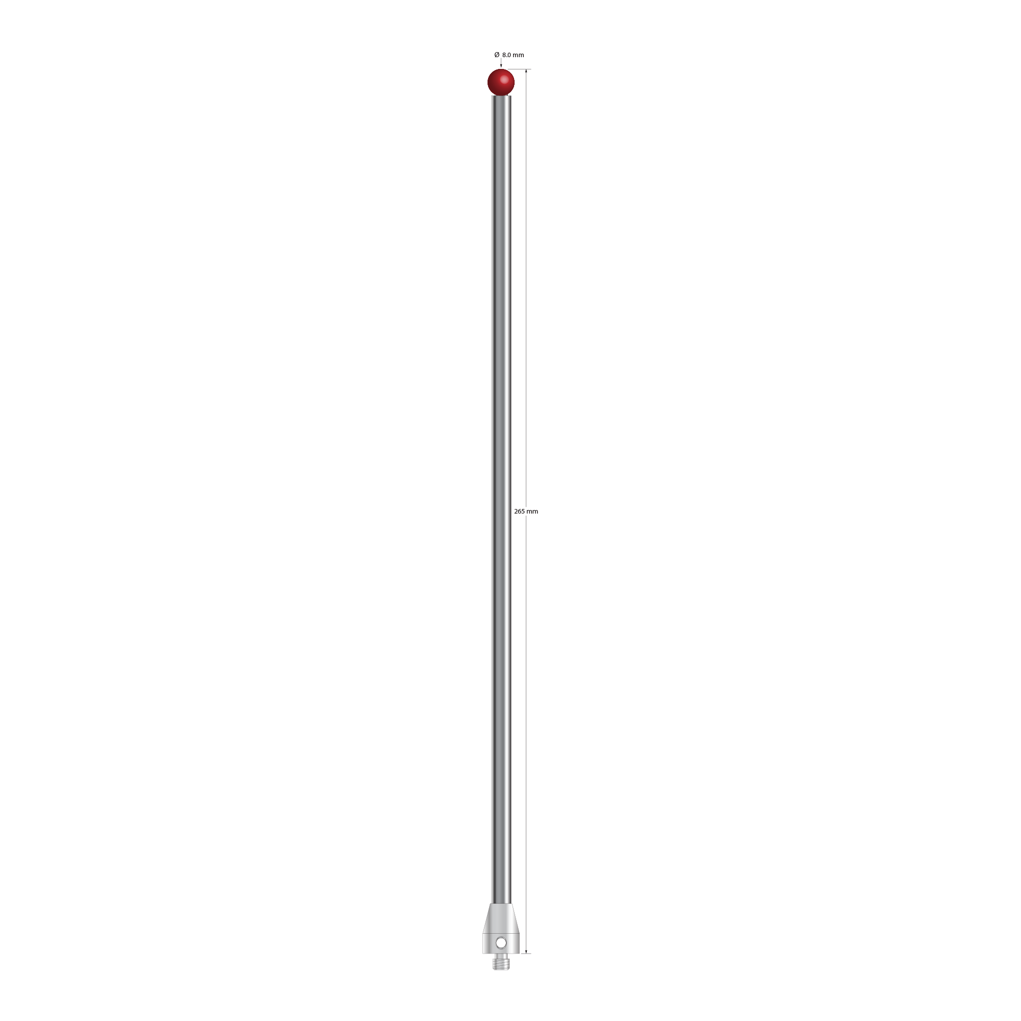 M5 stylus with 8.0 mm diameter ruby ball, 6.0 mm diameter carbide stem, and 11.0 mm diameter x 15.0 mm long stainless steel base. Overall stylus length is 265.0 mm. Stylus weight is 108.36 grams.
