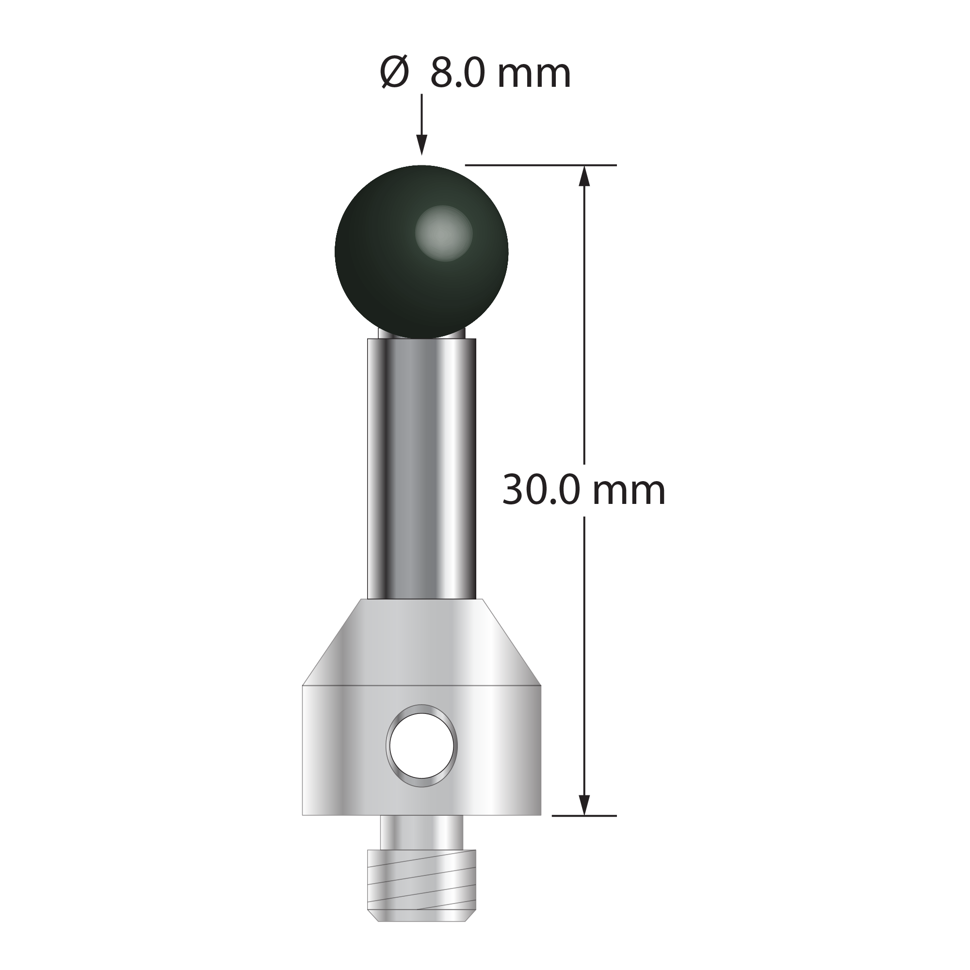 M5 stylus with 8.0 mm diameter silicon nitride ball, 5.0 mm diameter carbide stem, and 11.0 mm diameter x 13.0 mm long stainless steel base. Overall stylus length is 30.0 mm. Stylus weight is 11.01 grams.