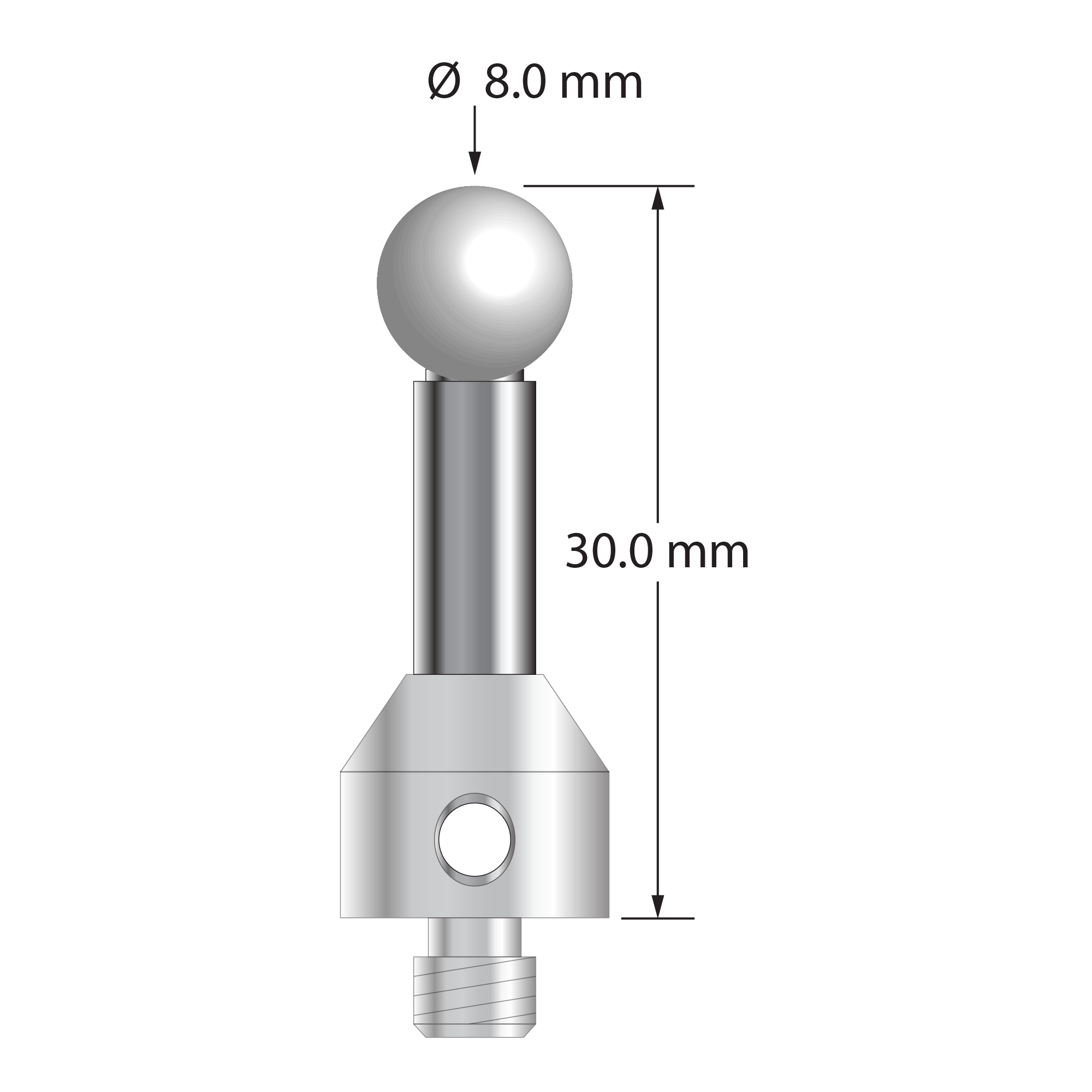 M5 stylus with 8.0 mm diameter zirconia ball, 5.0 mm diameter carbide stem, and 11.0 mm diameter x 13.0 mm long stainless steel base. Overall stylus length is 30.0 mm. Stylus weight is 11.01 grams.