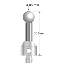 M5 stylus with 8.0 mm diameter zirconia ball, 5.0 mm diameter carbide stem, and 11.0 mm diameter x 13.0 mm long stainless steel base. Overall stylus length is 30.0 mm. Stylus weight is 11.01 grams.