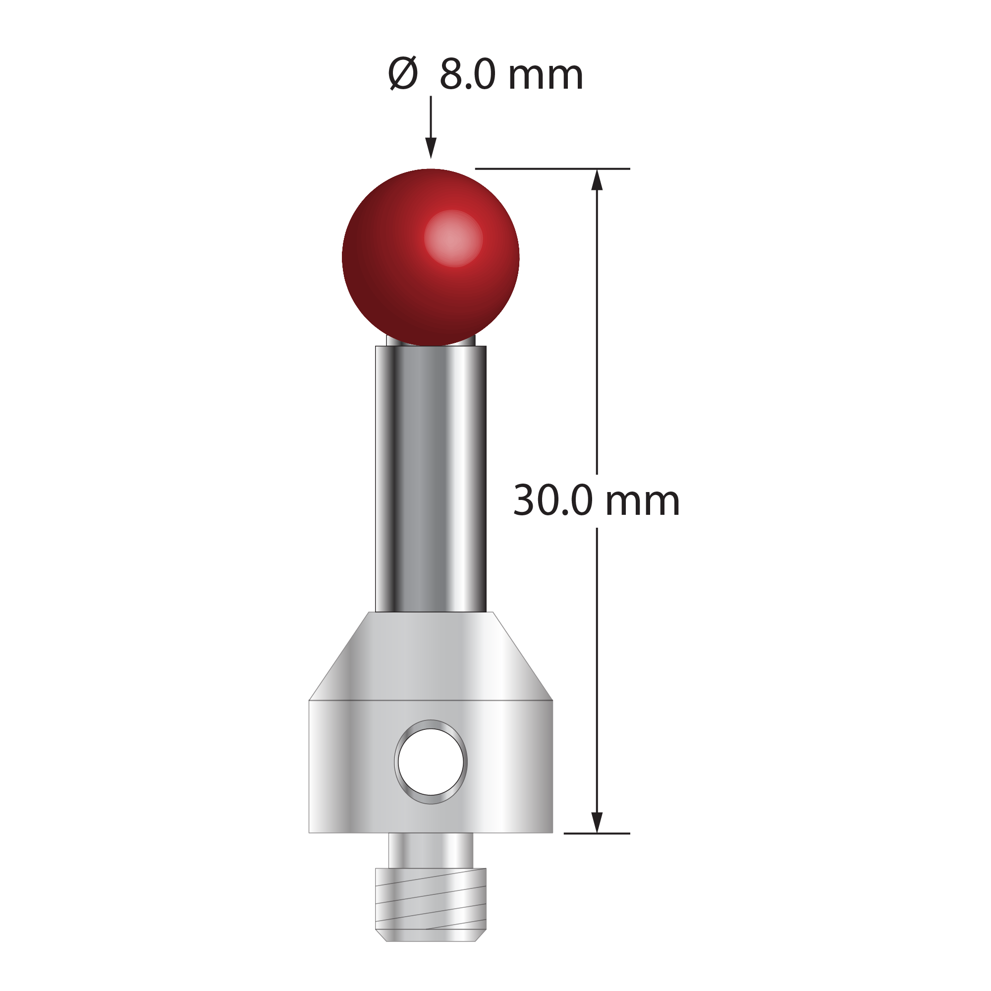 M5 stylus with 8.0 mm diameter ruby ball, 5.0 mm diameter carbide stem, and 11.0 mm diameter x 13.0 mm long stainless steel base. Overall stylus length is 30.0 mm. Stylus weight is 11.01 grams.