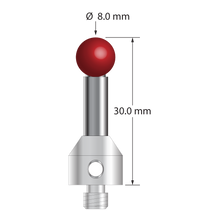 M5 stylus with 8.0 mm diameter ruby ball, 5.0 mm diameter carbide stem, and 11.0 mm diameter x 13.0 mm long stainless steel base. Overall stylus length is 30.0 mm. Stylus weight is 11.01 grams.