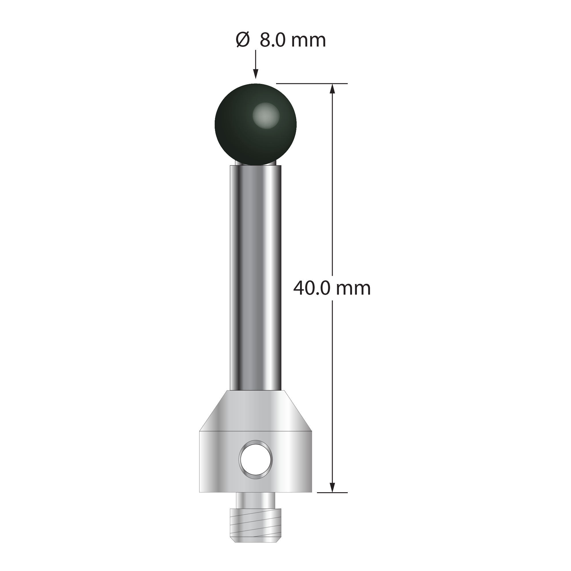M5 stylus with 8.0 mm diameter silicon nitride ball, 6.0 mm diameter carbide stem, and 11.0 mm diameter x 13.0 mm long stainless steel base. Overall stylus length is 40.0 mm. Stylus weight is 18.84 grams. Compare to Zeiss 626105-0825-040.