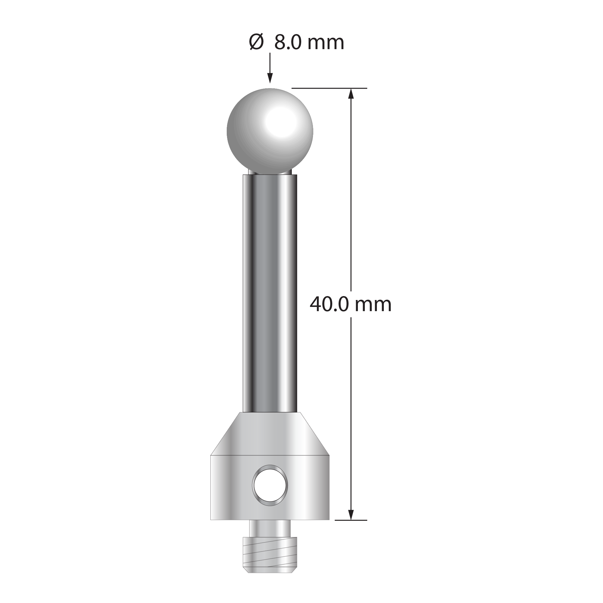 M5 stylus with 8.0 mm diameter zirconia ball, 6.0 mm diameter carbide stem, and 11.0 mm diameter x 13.0 mm long stainless steel base. Overall stylus length is 40.0 mm. Stylus weight is 18.84 grams.